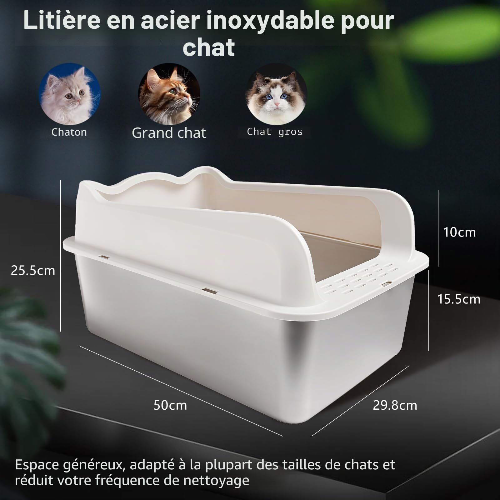 Bac à litière XXL pour chat, Grande litière pour chat 50 * 35 * 25 cm Sans odeur, Inoxydable, Surface lisse antiadhésive, Bac à litière en acier inoxydable Capacité pour un nettoyage plus facile