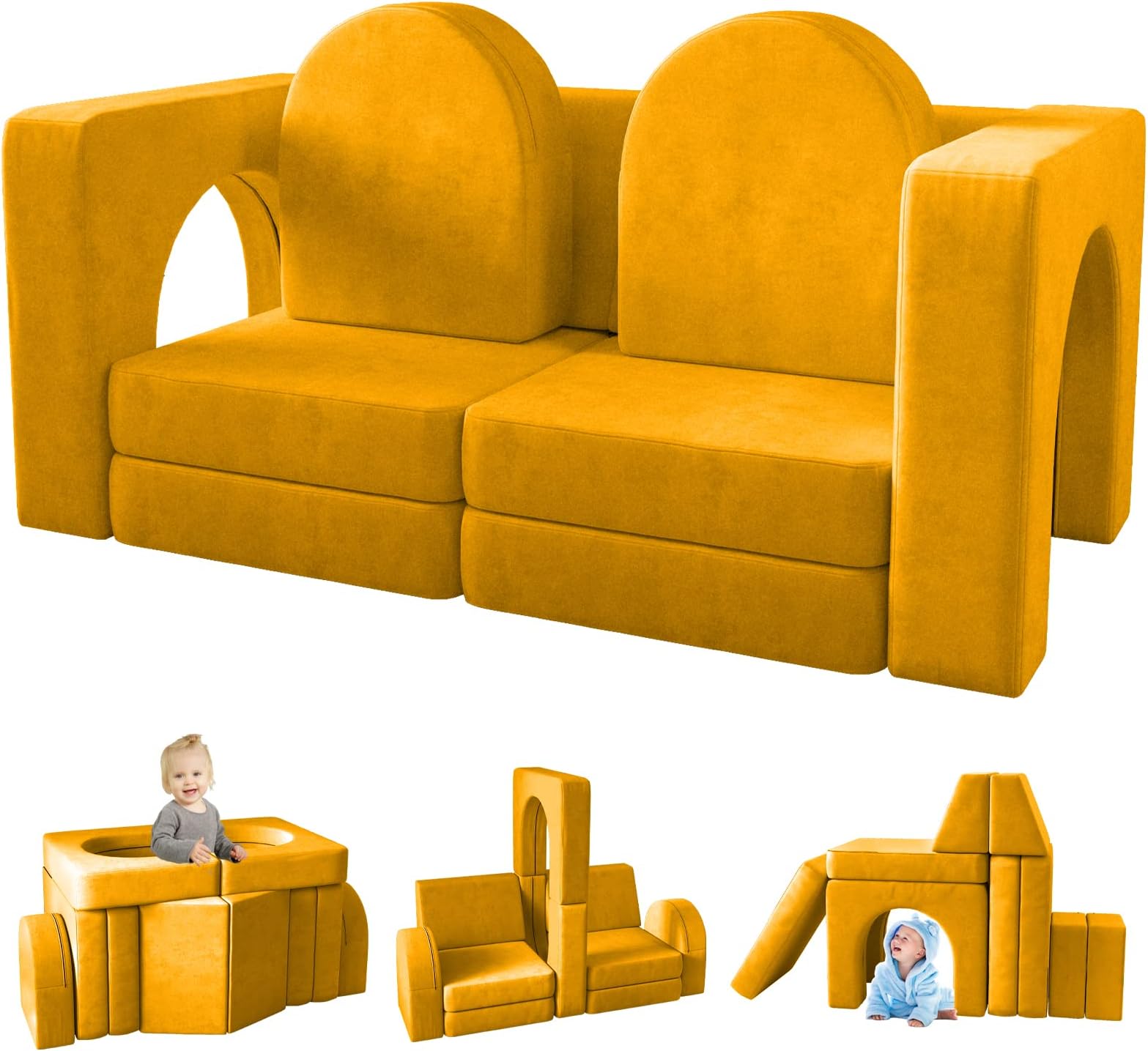 wanan Kids Couch 10PCS, Modular Kids Play Couch for Playroom Bedroom, 10 in 1 Multifunctional Kid Sofa for Playing, Creativing, Sleeping, Indoor Toddler Couches for Boys and Girls(Yellow)