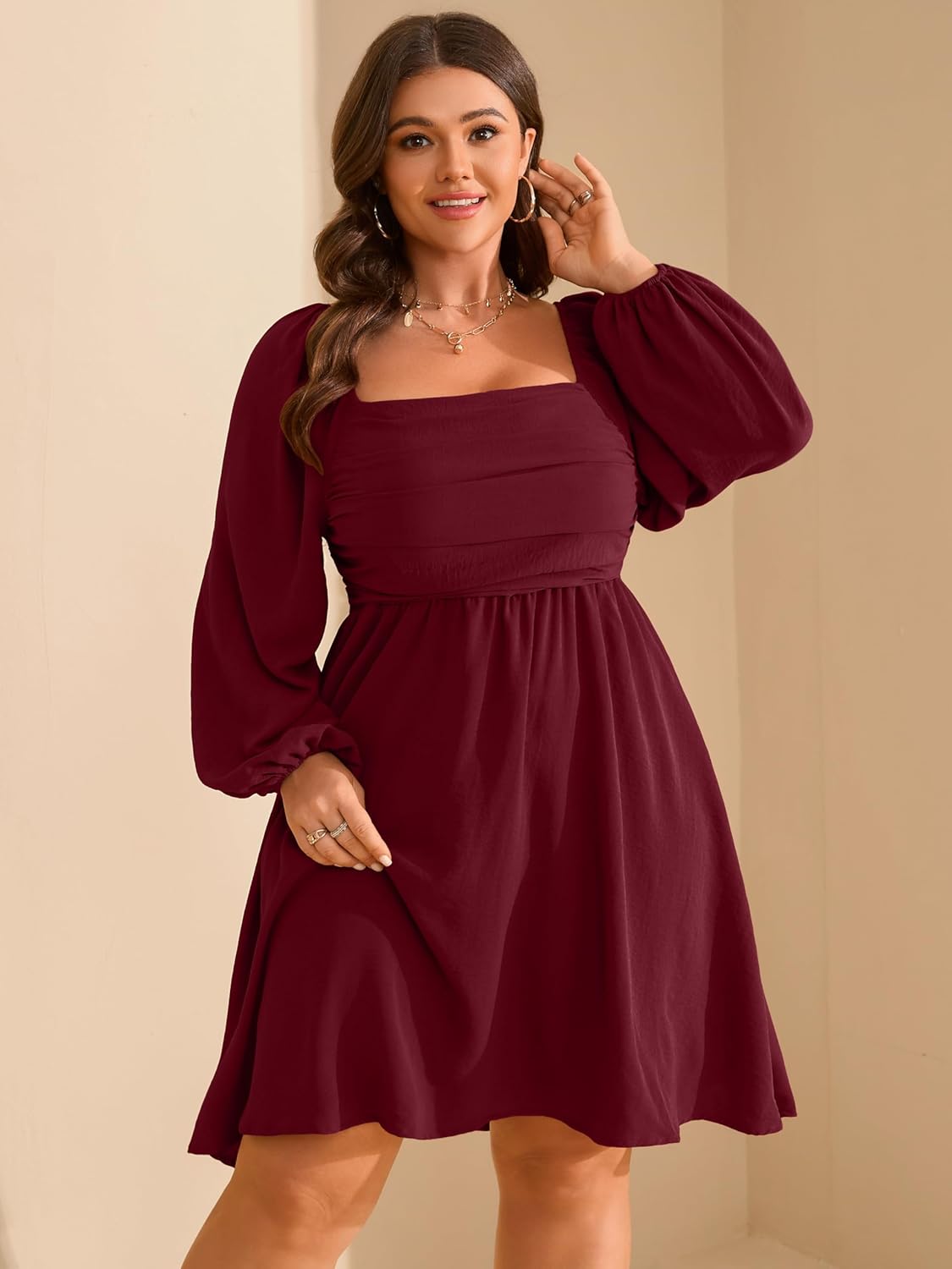 RWJ Womens Long Sleeve Mini Dress 2025 Fall Elegant Square Neck A Line Ruched Smocked Wedding Guest Party Plus Size Dresses - Image 5