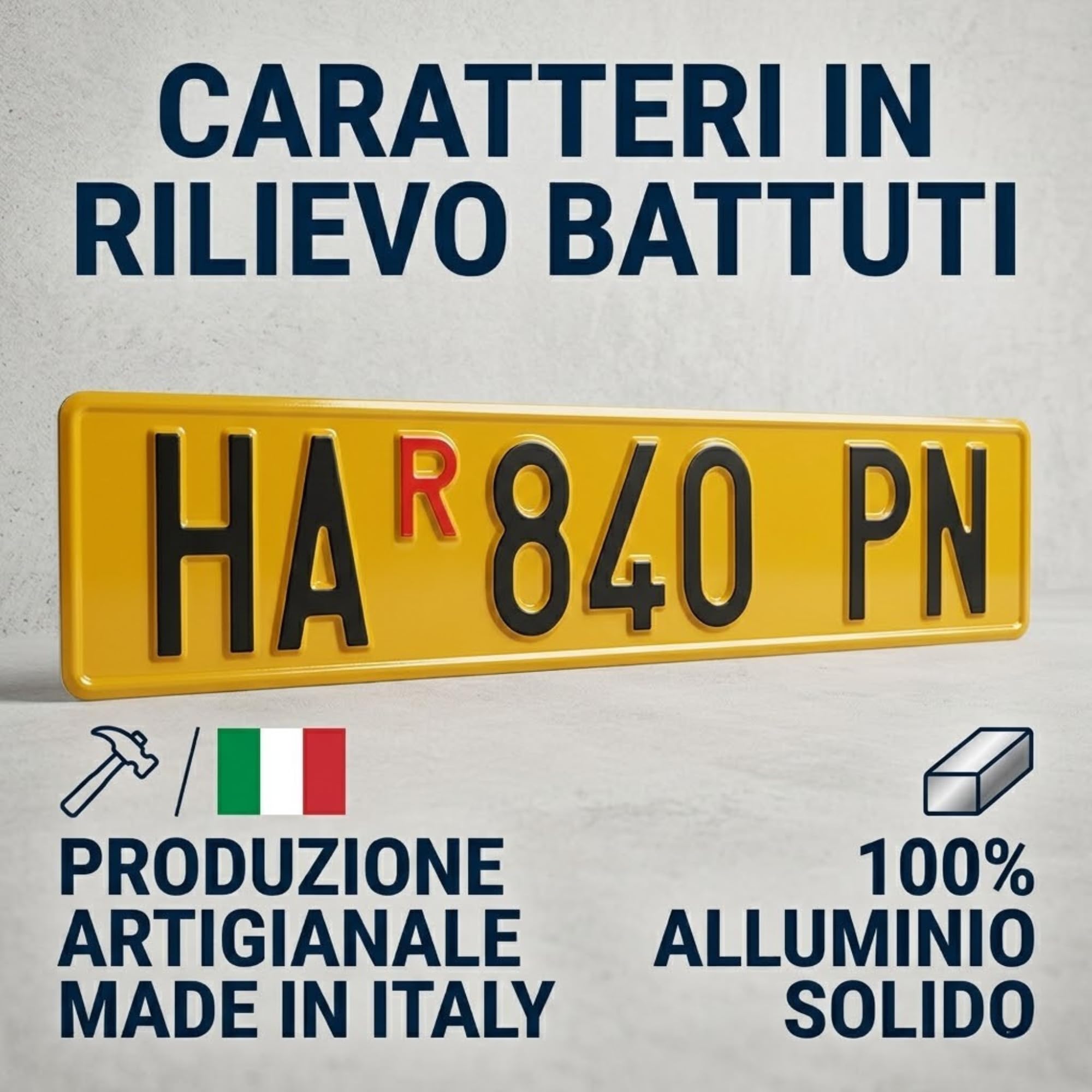 Targa Ripetitrice Battuta in Alluminio Catarifrangente, Made in Italy - Targa Personalizzabile Gialla con Caratteri in Rilievo Punzonati, Dimensioni Originali, Caratteri Omologati e R Rossa Inclusa
