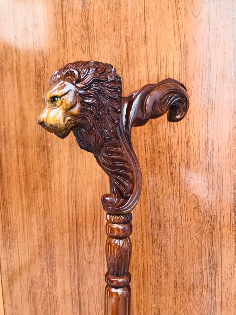 Hand Carved Lion Head Walking Cane With Natural Wood Grain - 36" Unique Design Premium Wood Craved With Ergonomic Palm Grip Handle Wood Carved Walking Cane Gift For Men Women