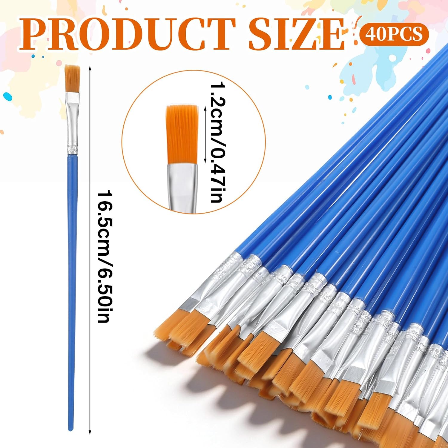 40 Pcs Flat Paint Brushes, Acrylic Brushes for Painting with Nylon Hair 9mm Wide Flat Watercolor Brush Plastic Handle Craft Paint Brush for Watercolor, Oil, Crafts, Face Body Art