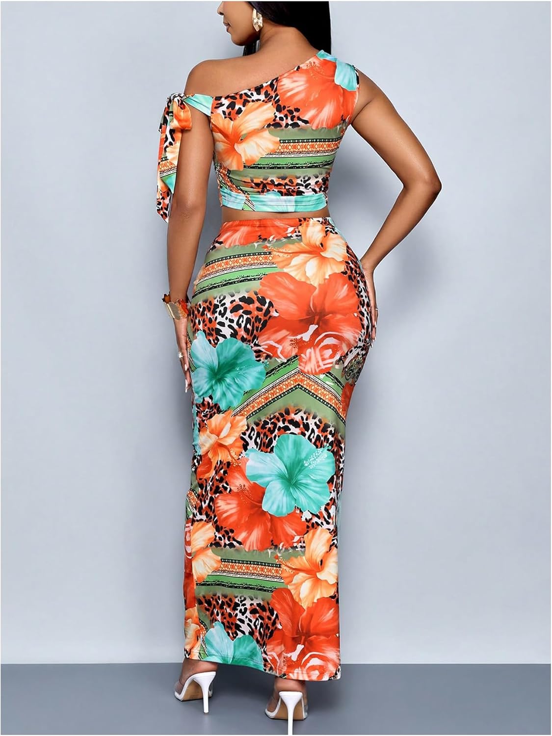 Floerns Women's 2 Piece Outfit Cheetah Off The Shoulder Tops and Flower Bodycon Long Skirt Set - Image 3