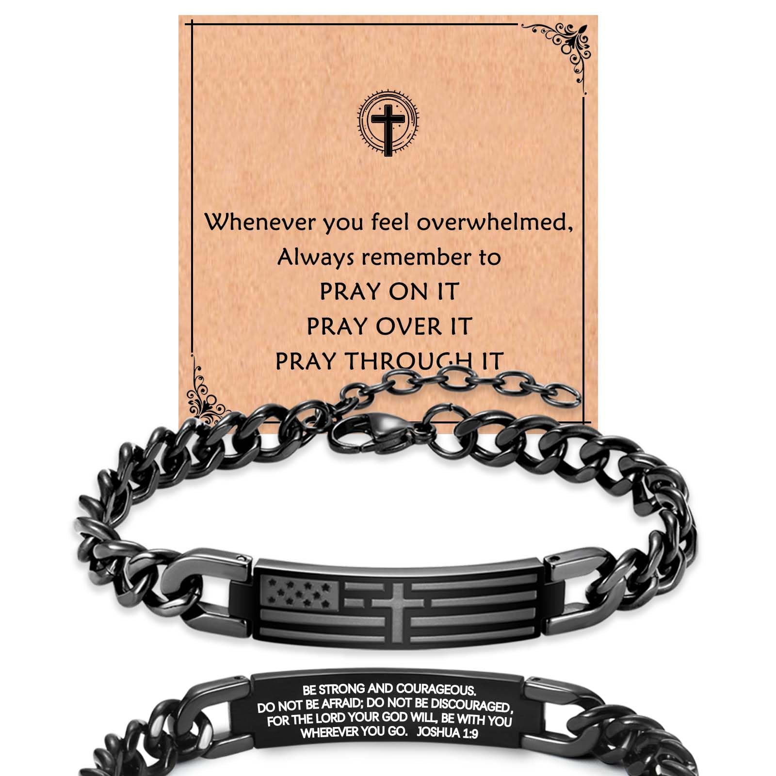 EYQV Bible Verse Bracelets, Christian Gifts for Men, Stainless Steel American Flag Cross Bracelet Religious Catholic Gifts for Men Teens Boys