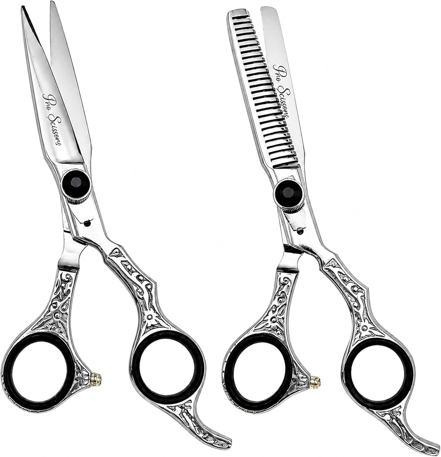 Professional Hair Cutting Scissors Set 6.5" Barber Shears & Thinning Shears, High Carbon Stainless Steel, Ergonomic Offset Handle, Protective Case Included - Silver