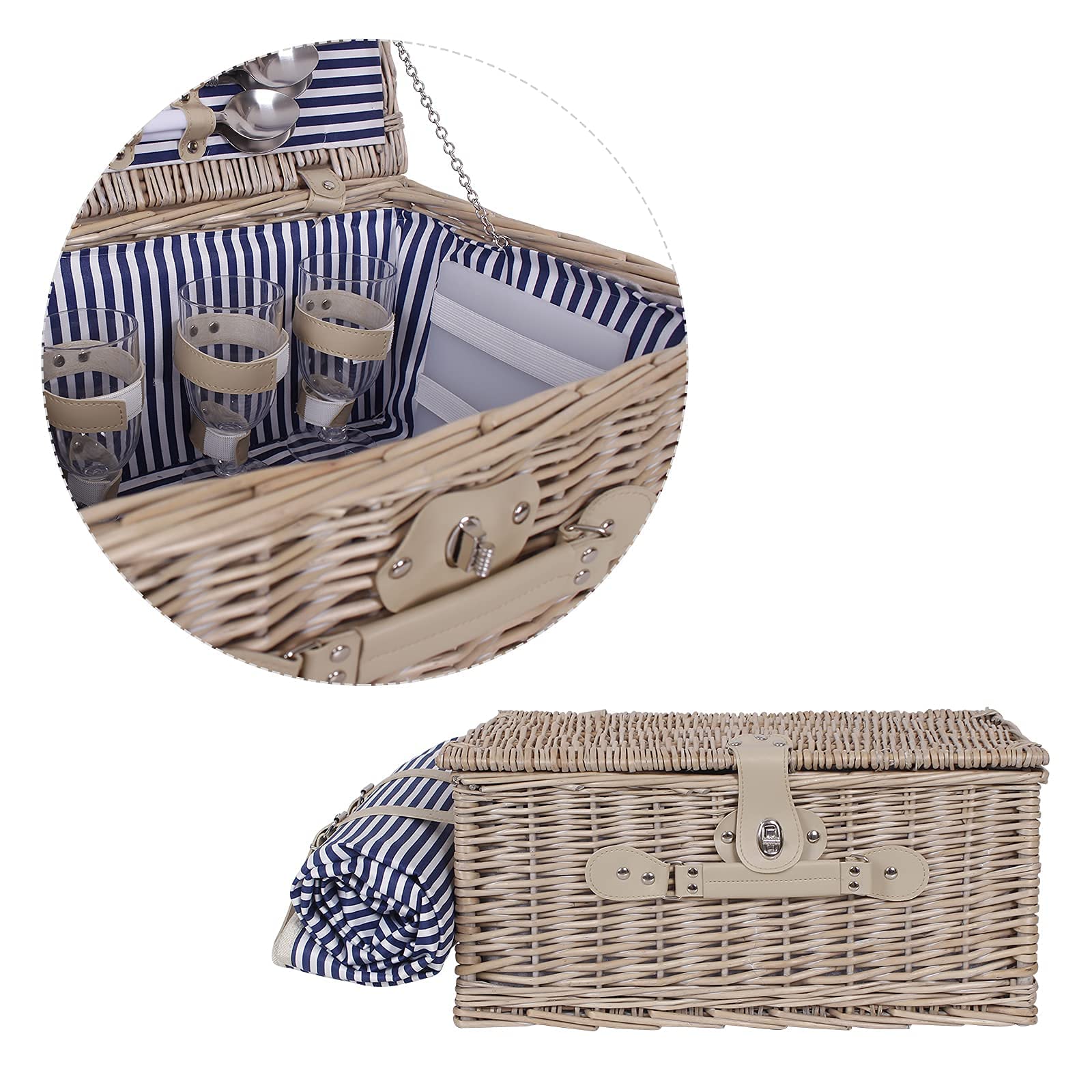 Rieten picknickmandset voor 2 personen met waterdichte picknickdeken en groot geïsoleerd koelvak, wilgenmand met bestekservicekits voor kamperen, bruiloft (rood