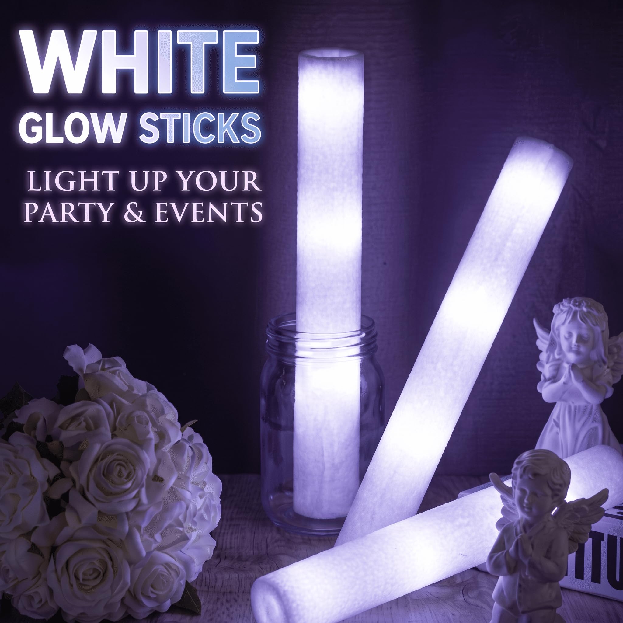 Liliful 100 Stück LED-Schaumstoffstäbe, weiß, blinkende Leuchtstäbe, Baton-Zauberstäbe, Motto-Party-Set, leuchtet im Dunkeln, Partyzubehör für Hochzeit, Raves, Konzert, Geburtstag
