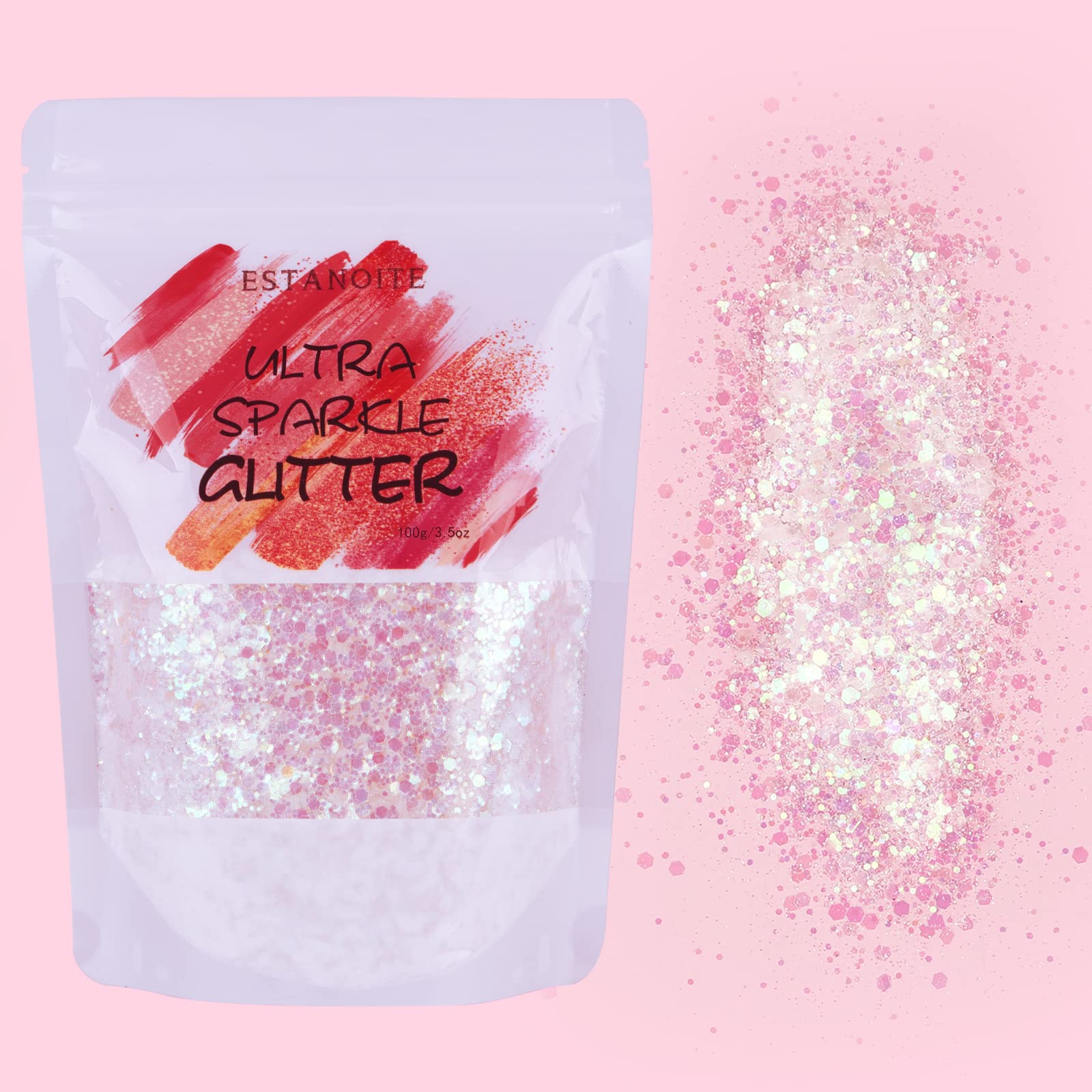 Estanoite Iridescent Chunky Glitter 100g, Mixed Glitter Multi Purpose Chunky Glitter for Arts & Crafts Wine Glass Decoration Weddings Flowers, Cosmetic Glitter for Face Eye Body Nails Hair (White)