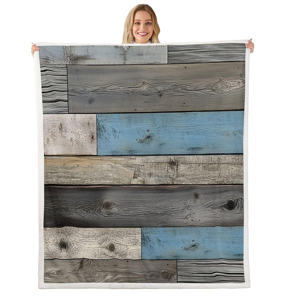 Couverture vintage en planches de bois et Sherpa bleu gris haut de gamme