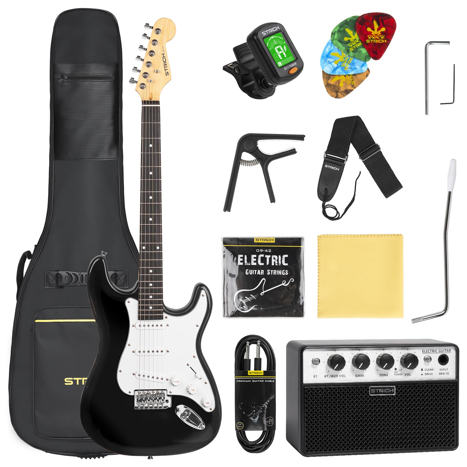STRICH Electric Guitar Beginner Kit, Solid Body 39" Full Size Electric Guitar SSS Pick Up for Starter, with 5W x 2 Amp, Bag, Digital Tuner, Capo, Strap, String,Cable, Picks, SST-S10 Black