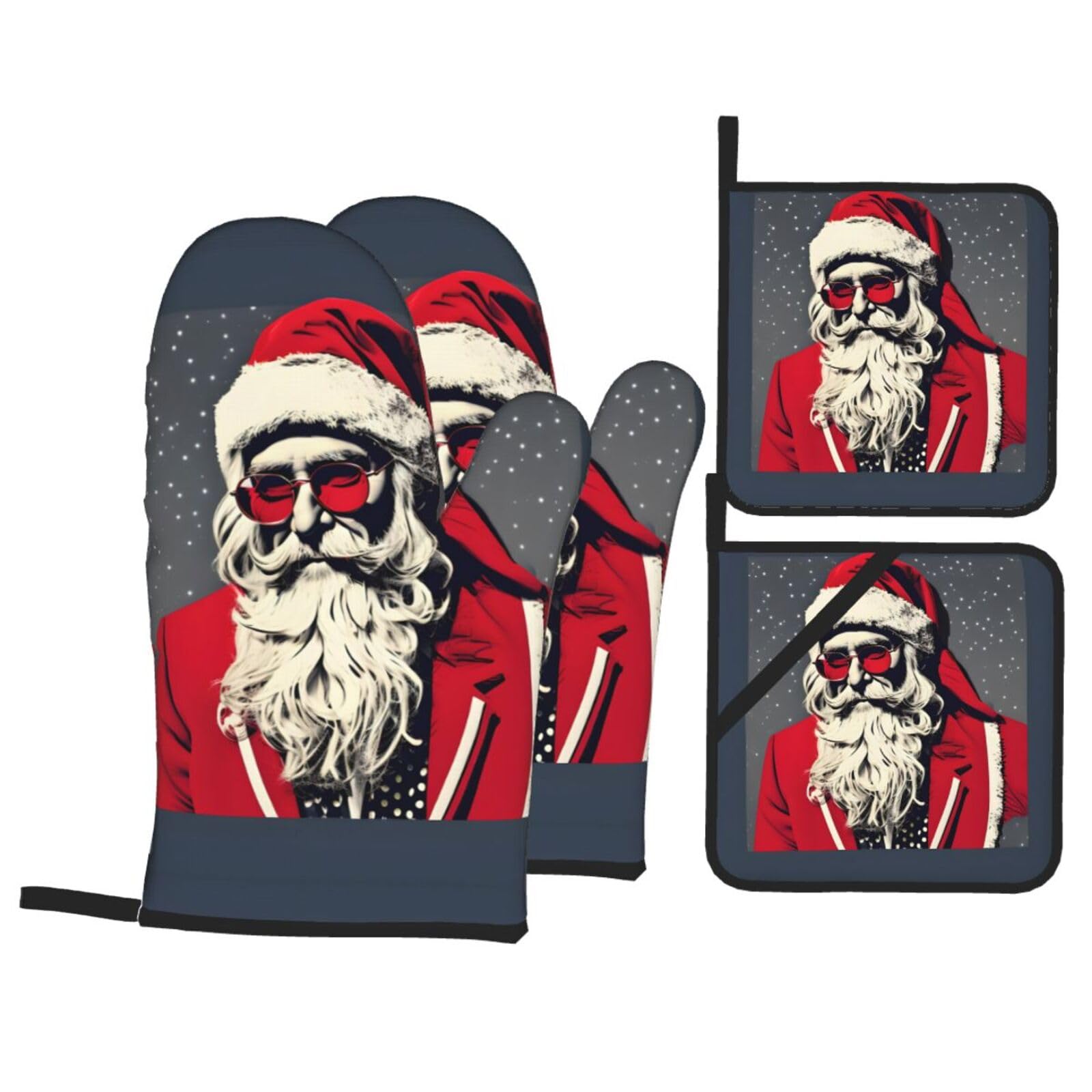 Cute Santa Claus Print Stylish 4-Piece Microwaving Oven Waterproof Kitchen Gloves Baking Holiday Cooking