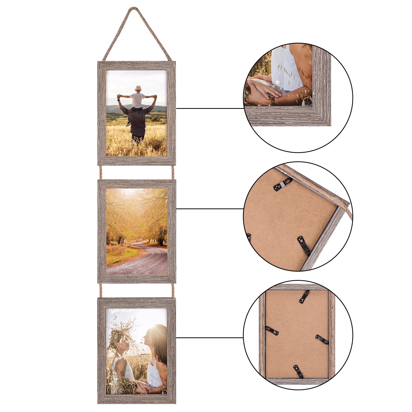 EYMPEU 7x5 Photo Frames with Twine Set of 2, Triple Vertical Grey Photo Frame 7x5 for Hanging in Living Room Bedroom, Office - Image 3