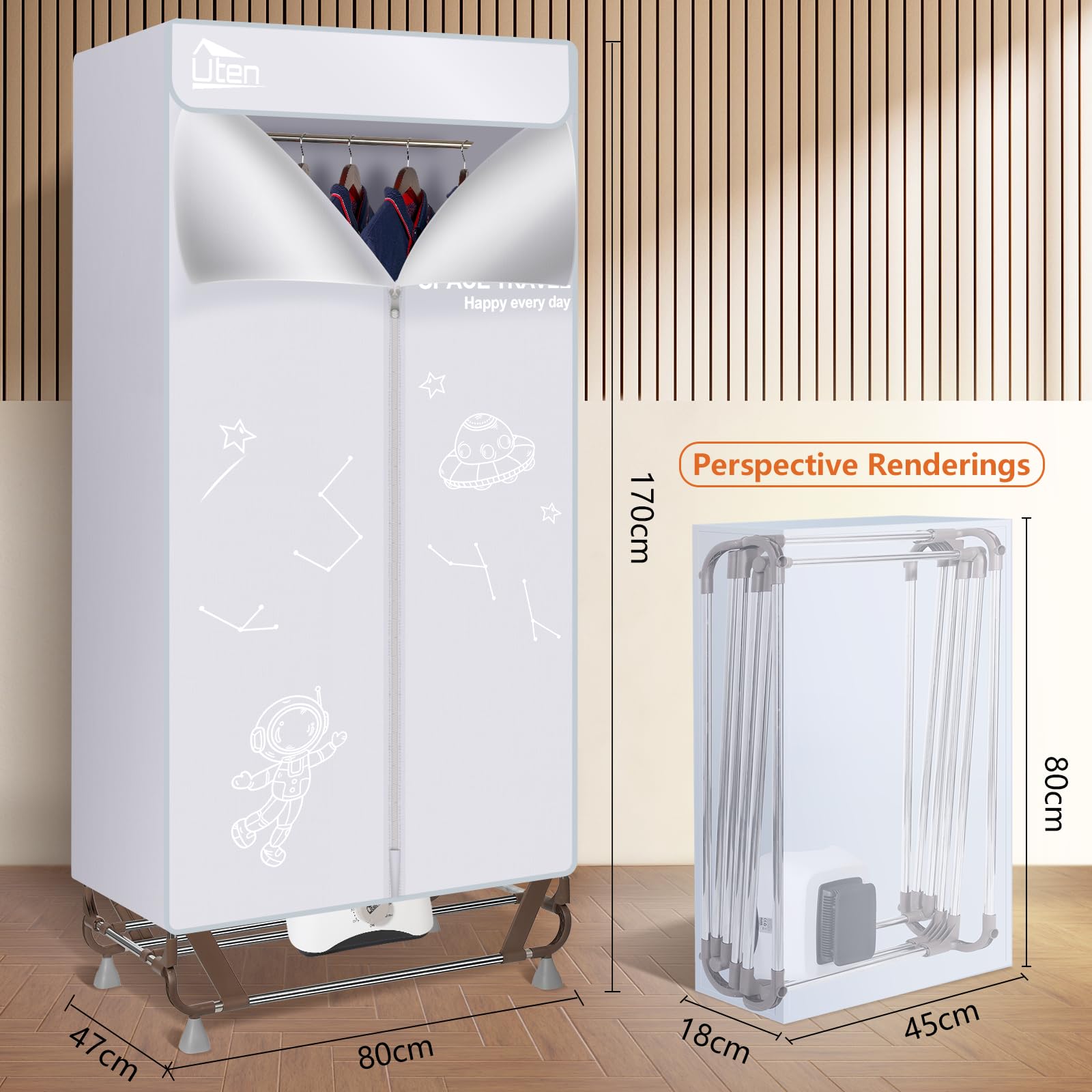 Uten Asciugatrice Pieghevole 1.7m, 1500W Asciugatrice Elettrica Portatile, Installazione e