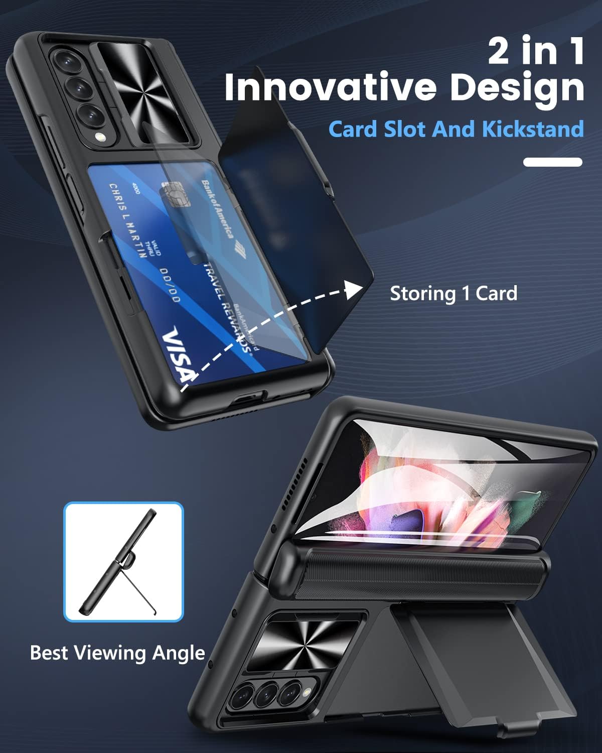 Viaotaily for Samsung Galaxy Z Fold 3 Case with Card Holder & Hinge Protection & Slide Camera Lens Cover & Screen Protector, Durable Sturdy Wallet Phone Case for Samsung Galaxy Z Fold 3 5G 2021, Black