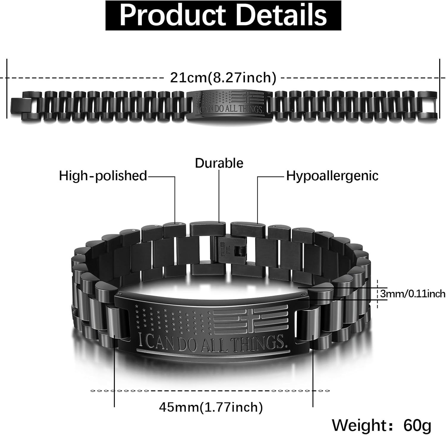 American Flag Bible Verse Bracelet for Men Cross Inspired Christian Stainless Steel Straps Watch Band Adjustable Link Cross Bracelet Faith Christian Religious Jewelry Gifts Christmas Valentine - Image 2