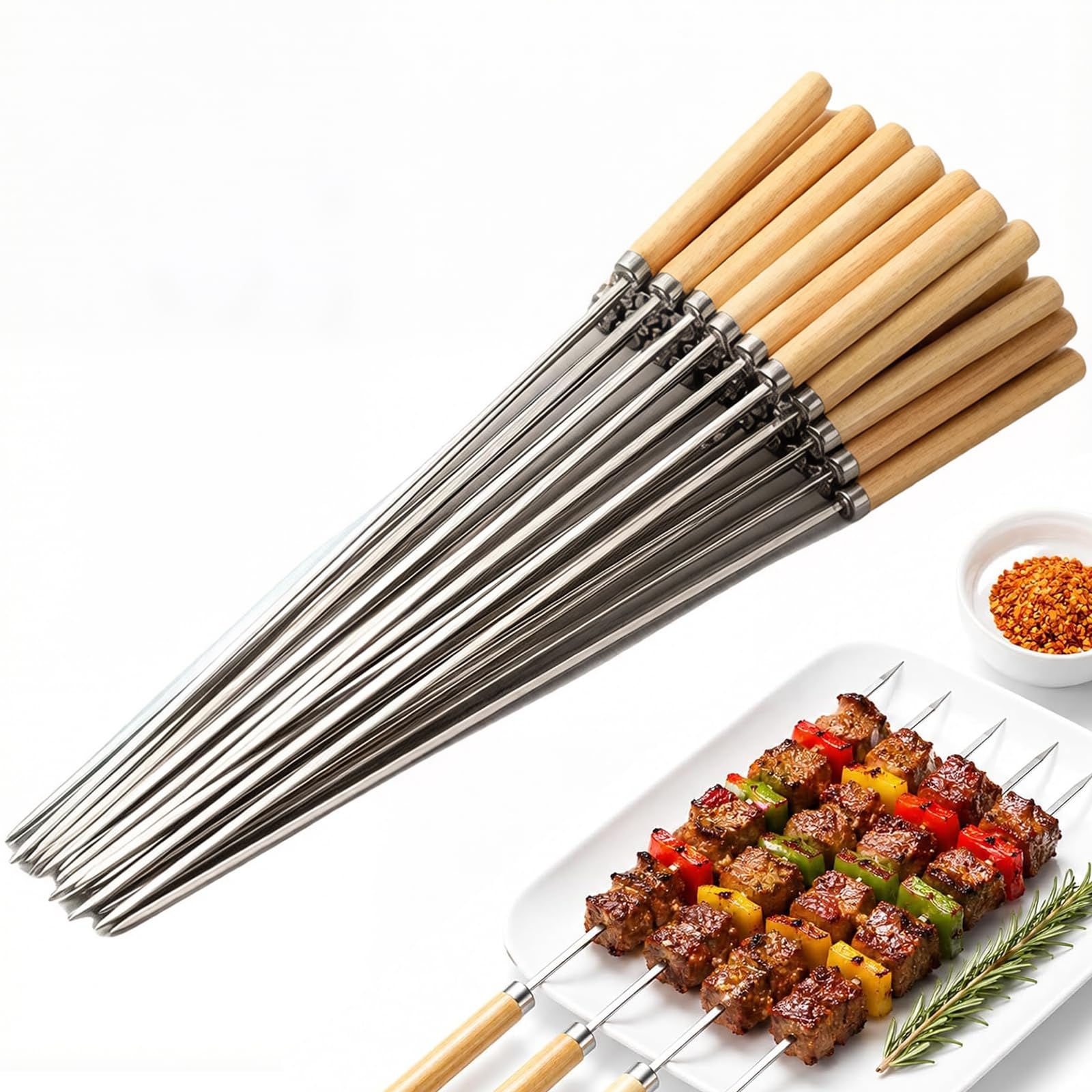 25 spiedini per barbecue in acciaio inox 304 con manico in legno, 35 cm di lunghezza, riutilizzabili, per carne, verdure, barbecue, feste, campeggio (argento 1)