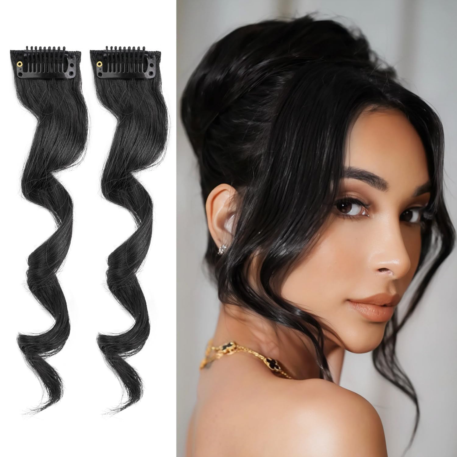 HAIR WALA™ 02 PCS Side Air Bangs, Clip in Bangs Front Side Bangs Set Long Temples, Bangs Hair Clip on Fringe Bangs with Temples Synthetic Long Dragon beard Bangs Hair 12 inch Black Color (Black)
