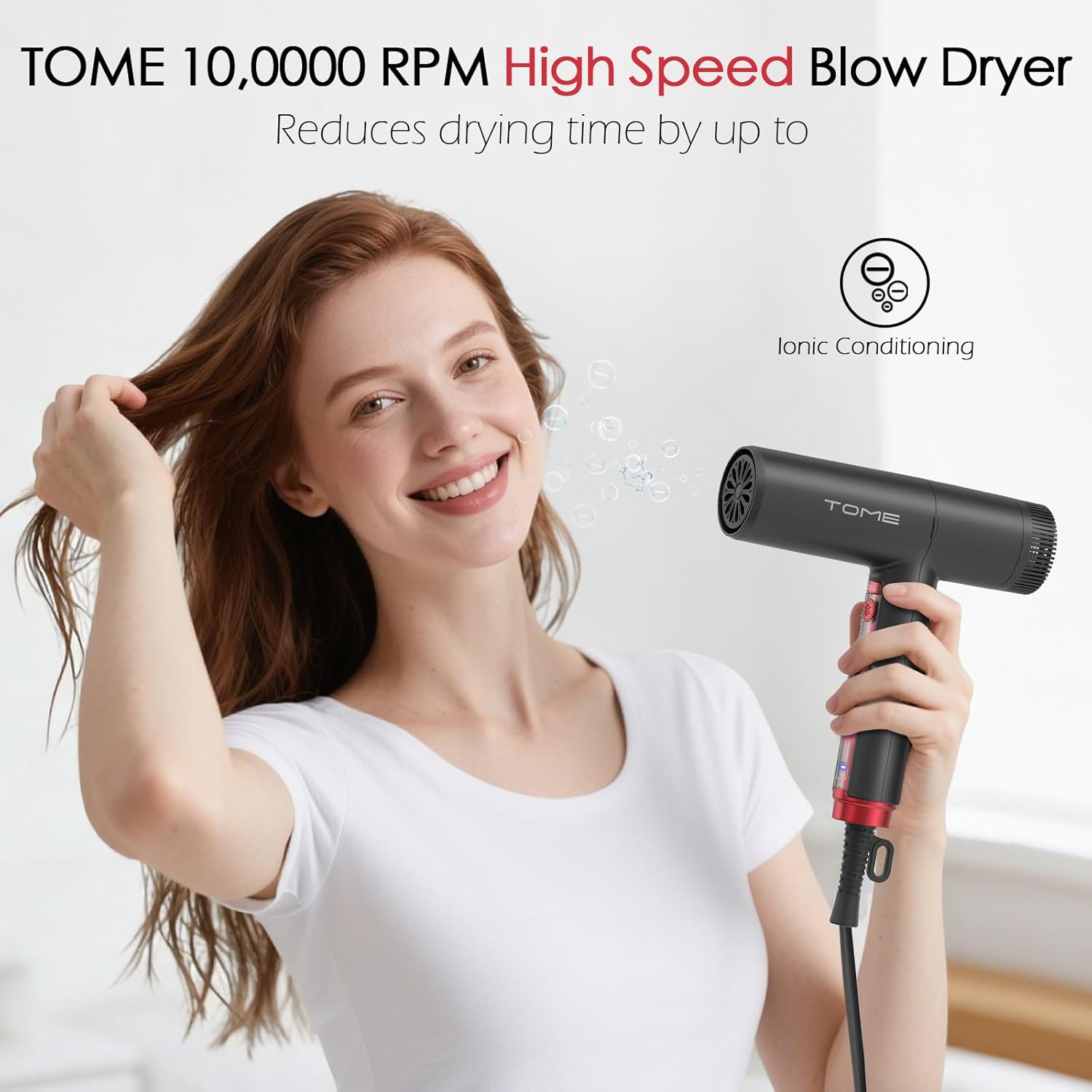 TOME Hair Dryer, 1875W High-Speed EC Motor 110,000 RPM Ionic Blow Dryer, Fast Drying, Cool Shot Lock, 3 Heat 2 Speed, 4 Attachments (Styling Nozzle, Diffuser, 2 Air-Powered Wrap Wands), 125V Red