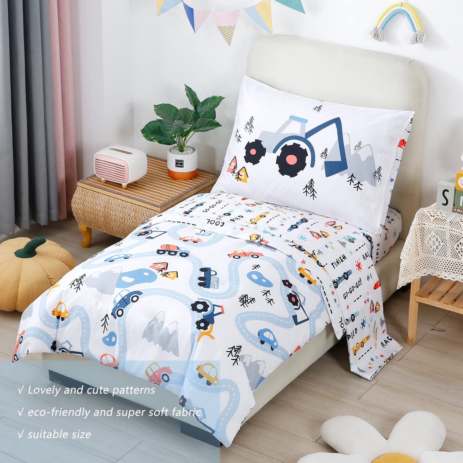 STYHO Toddler Bedding Set Cars Print Duvet Cover Set for Boys/Junior Reversible Lovely Colorful Comforter Cover Soft Breathable Truck Cot Duvet Covers(White - Image 3