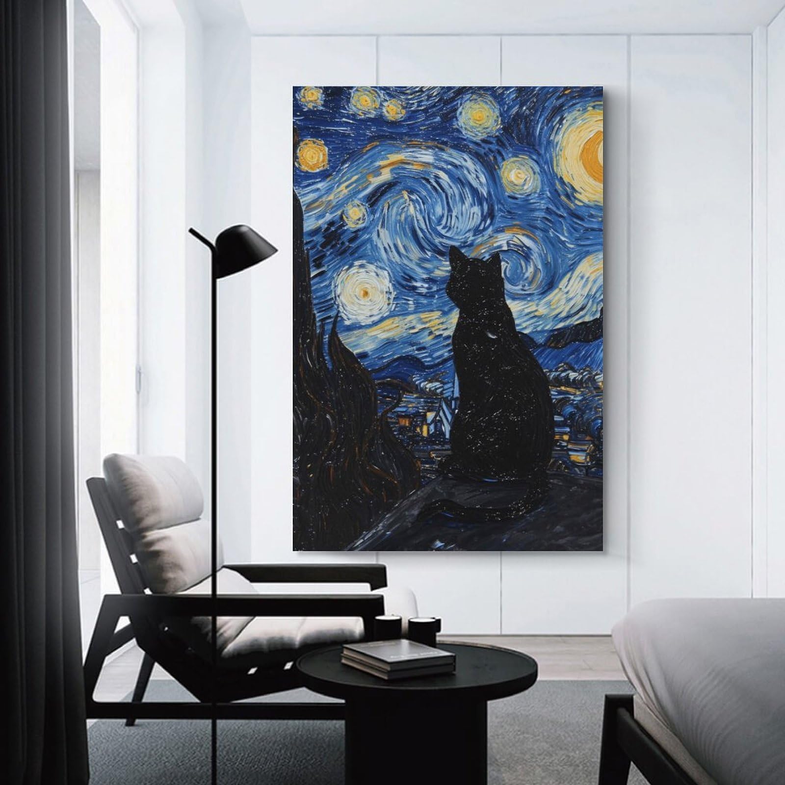 Junmoney Unframe-Style-7 Starry Night Cat Art Print Hanging Wall Art, 24X36inch(60X90cm), For Bedroom Decor, Cosy Corners Or Studios, An Easy Wall Refresh For Bedrooms