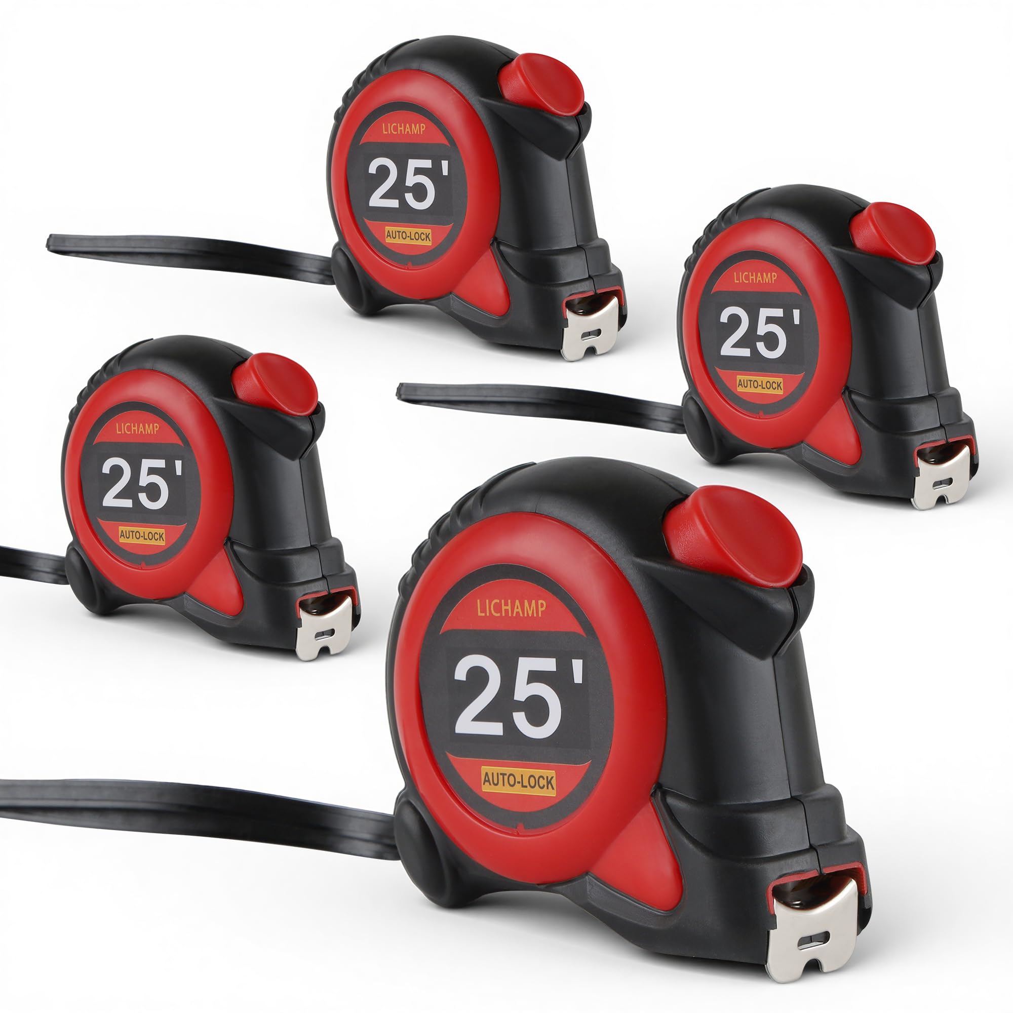 Lichamp Auto Lock Tape Measure 25FT 4 Pack, Retractable and Easy Read Measuring Tape Bulk Set with 1/8 inch Fraction, F4RD