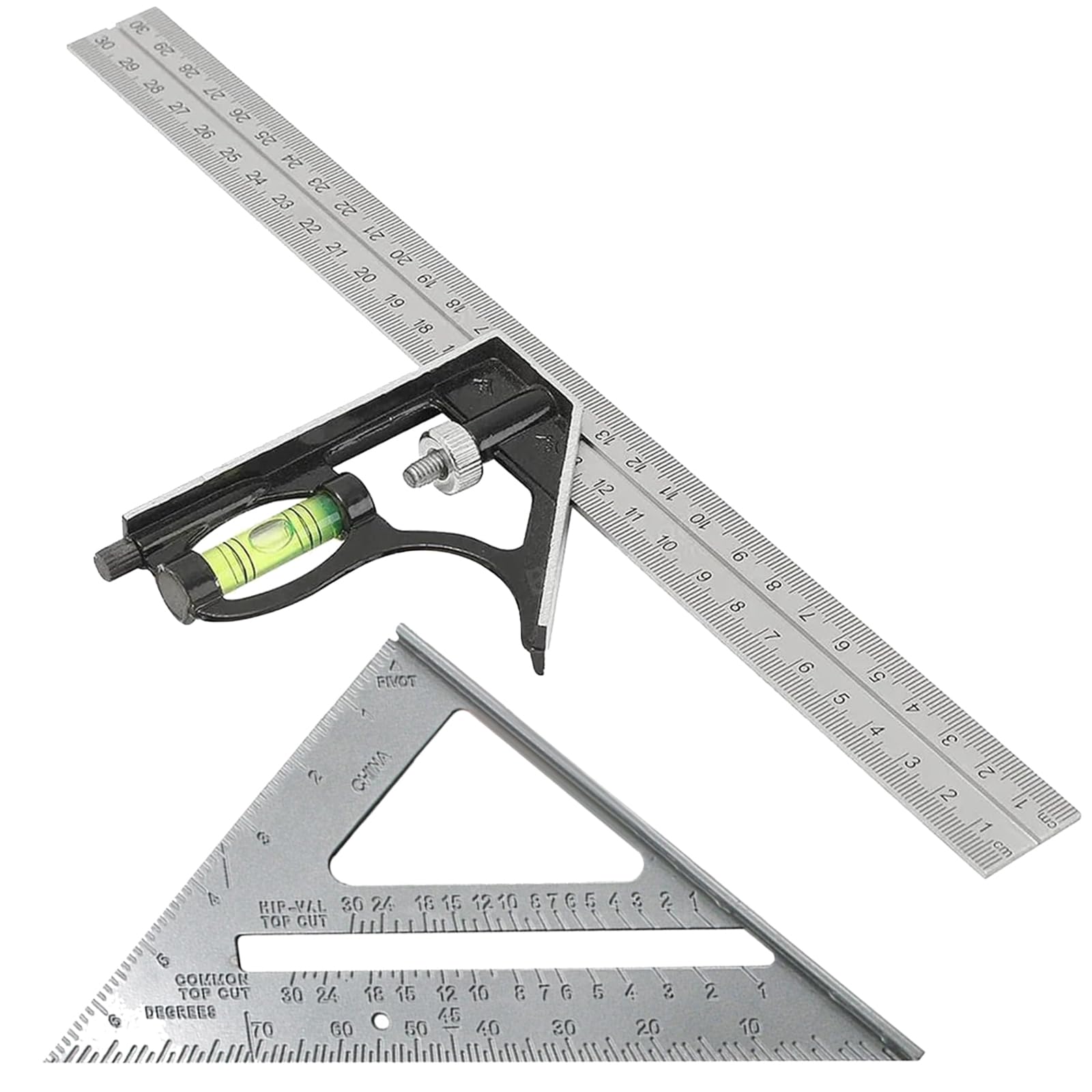 2 Pcs Set Square Carpentry,Square Tool Carpenters Combination,Carpentry Tools,A Activity Combination Angle Ruler Built in Bubble Level and A 90 Degree Imperial Triangle Ruler