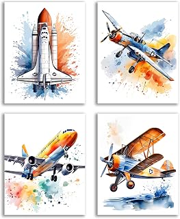 Watercolor Airplane Wall Art Print,Interesting Watercolor Cartoon Aircraft Posters,Aviation Fan Poster Prints for Playroom or Nursery Boy Bedroom Decor Set of 4(8''X10''Unframed)