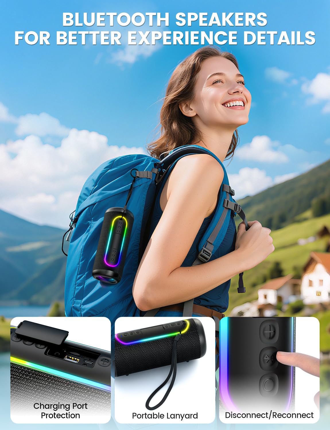 UOHHBOE Głośnik Bluetooth 30W, do 30H pracy, Bluetooth 5.4, TWS Stereo, Podświetlenie RGB, IPX5 odporny na zachlapania, USB/TF/AUX – do domu, podróży i na zewnątrz | Bluetooth 5.4, TWS stereo 360°, czas pracy 30H, 4 tryby RGB, IPX5, Type-C, głośnik bezprz