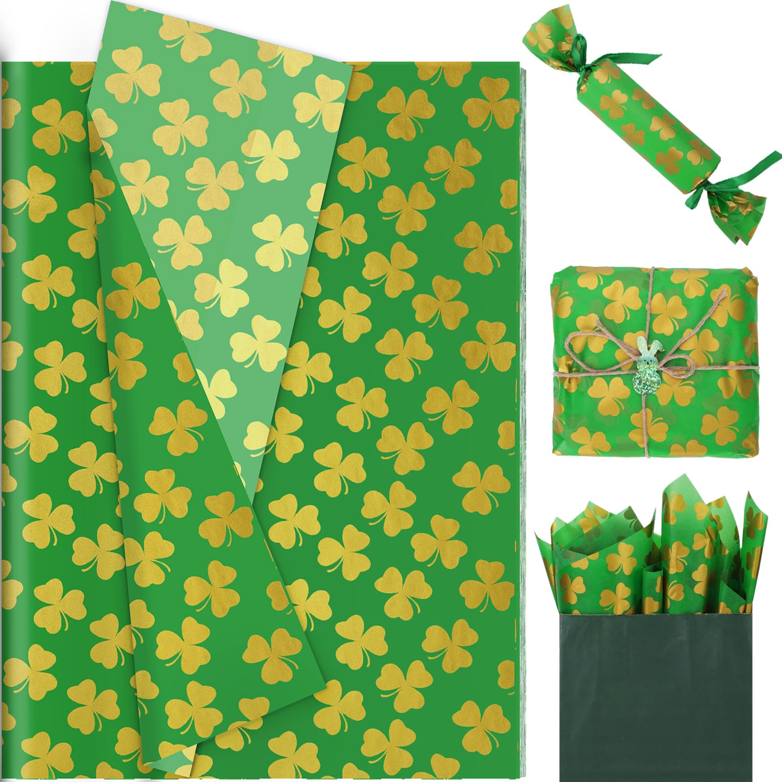 100 Sheet Gold Shamrock Tissue Paper, 20x14in Watercolor Shamrock Gift Wrapping Tissue for St' Patrick's Day Decor Art Craft Tissue for Irish Party Supplies