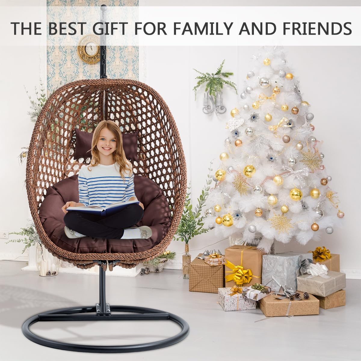 JUFU Egg Swing Chair with Stand,Hanging Egg Chair Indoor Outdoor,Hammock Hanging Basket Chair with Aluminum Steel Frame，Patio Egg Chair with Removable Cushions for Patio Balcony Backyard,Bedrooms