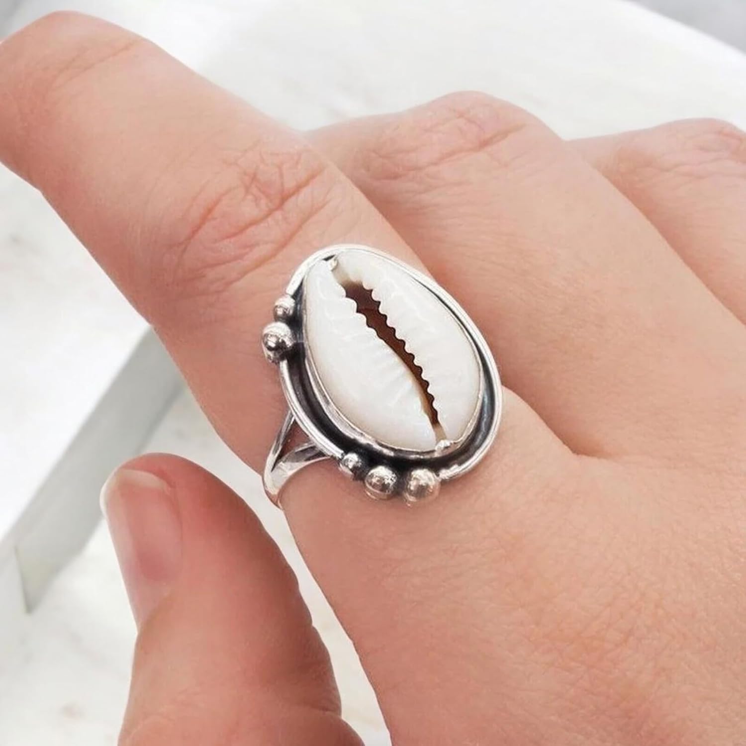 Cowrie 925 Sterling Silver Ring For Women Girls, Cowrie Ring, Natural Beach Shell Ring, Hammered Jewelry Mothers Day Ring By Saanvi Jewellery
