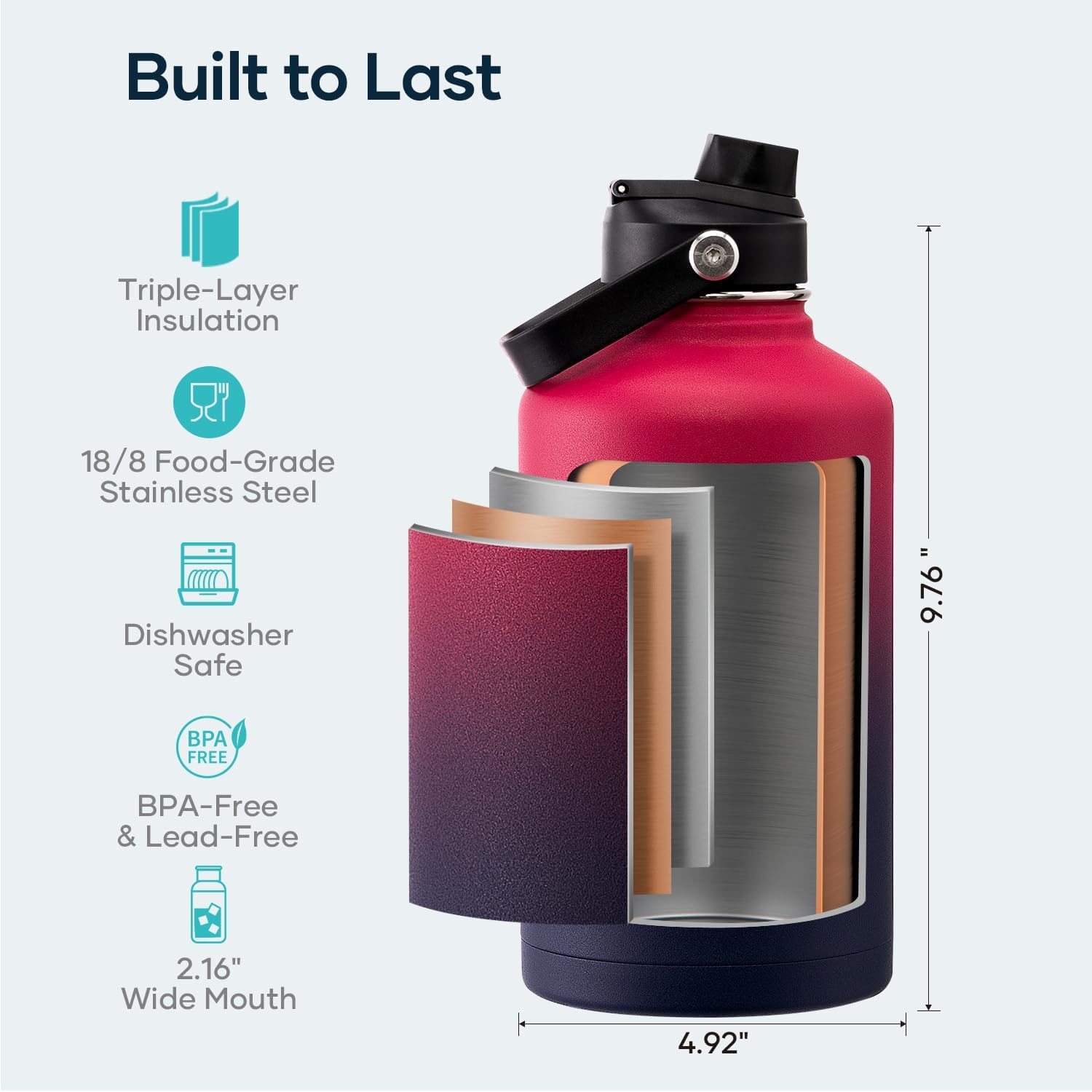 BUZIO 64oz Insulated Water Bottle Stainless Steel Double Wall Leak Proof Half Gallon with Straw Lid and Flex Cap (Cold for 48 Hrs) Sports Flask Metal Travel Mug for Hiking Cycling, Ruby Red Navy - Image 4