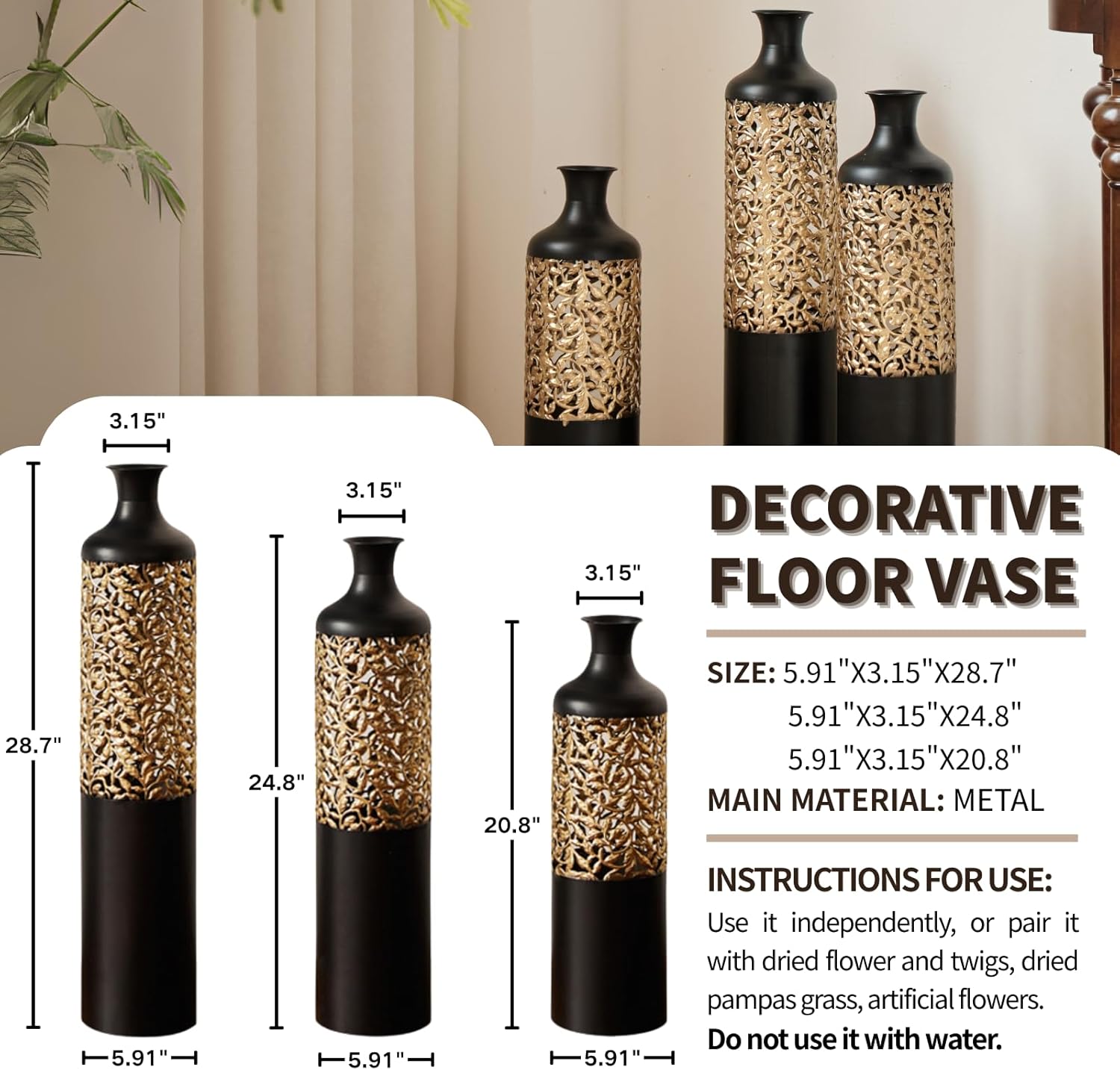 Black Gold Metal Floor Vases Set of 3 - Tall Elegant Vases with Vine Relief for Room Decor - Modern Home Centerpieces (Black Gold - 28.7"/24.8"/20.8" Height)