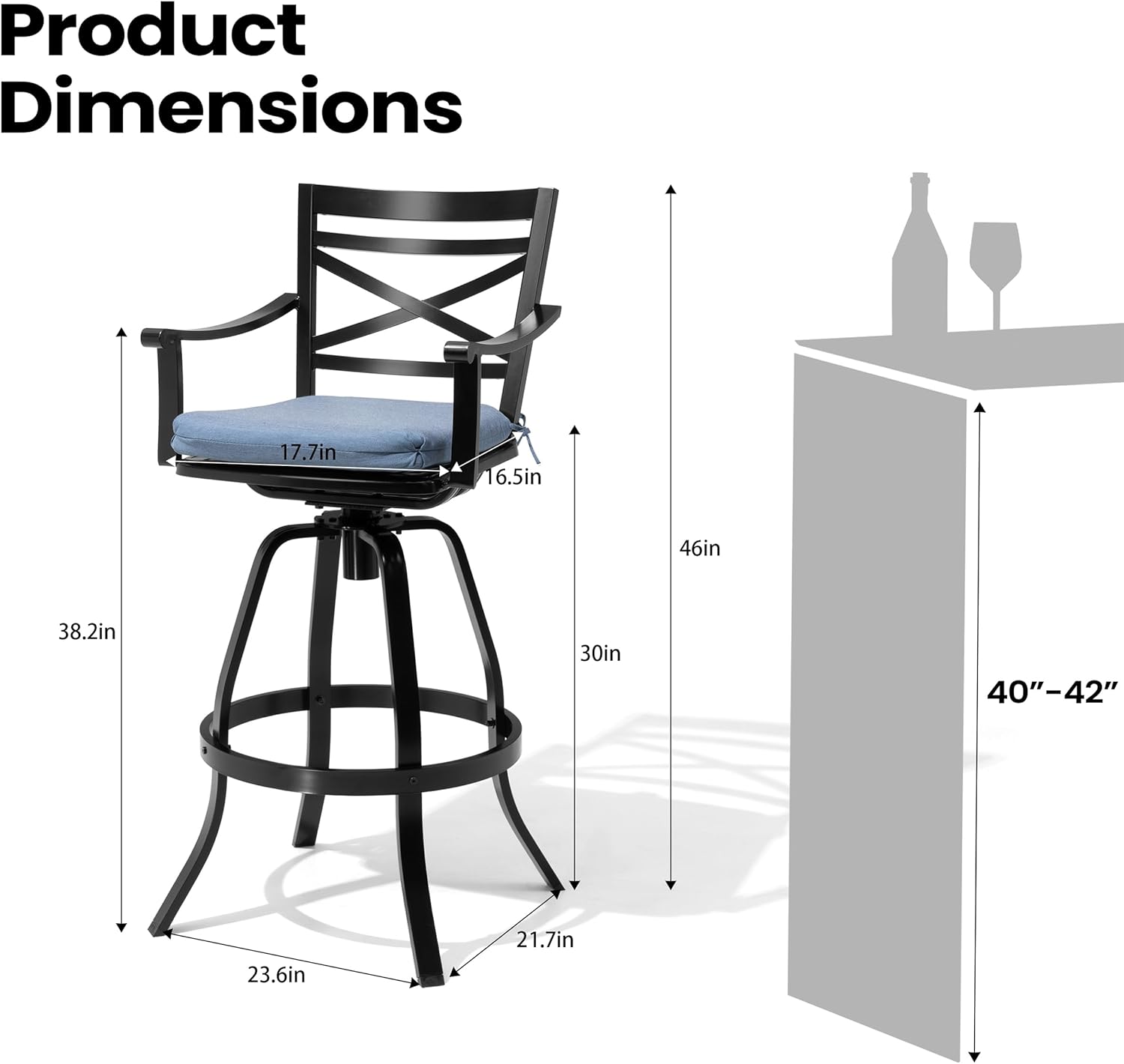 Pellebant Swivel Aluminum Outdoor Bar Stools Set of 6, 30" Patio Bar Height Bar Stools with Sunbrella Cushion & Back, Anti-Rust Barstools for Deck Backyard Garden, Spectrum Denim