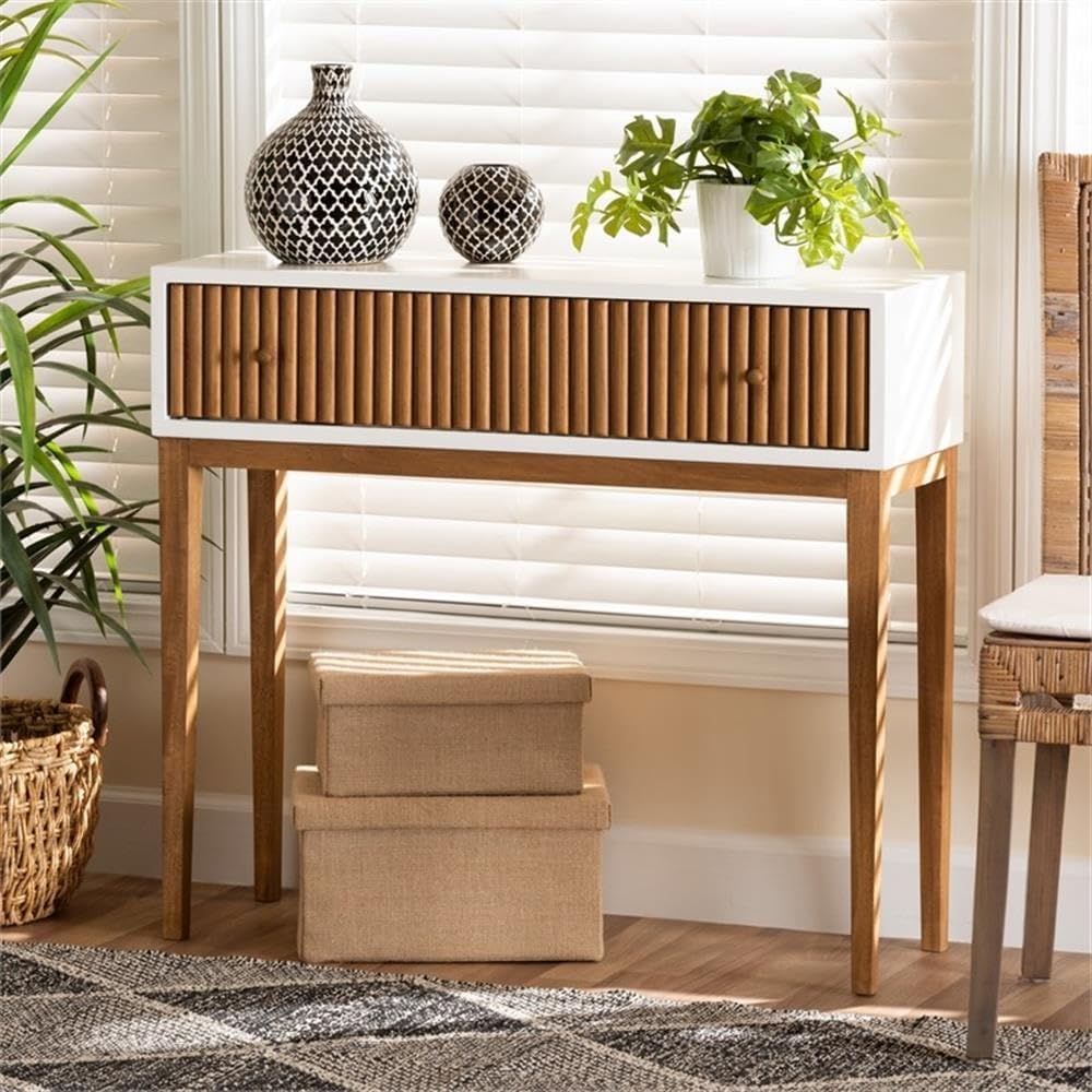BOWERY HILL Two-Tone Bayur Wood Console Table, 35.4" W x 11.8" D x 31.5" H, Brown and White Finish, 1-Drawer Design with Slatted Front and Tapered Legs, Mid-Century Style for Living Room or Entryway