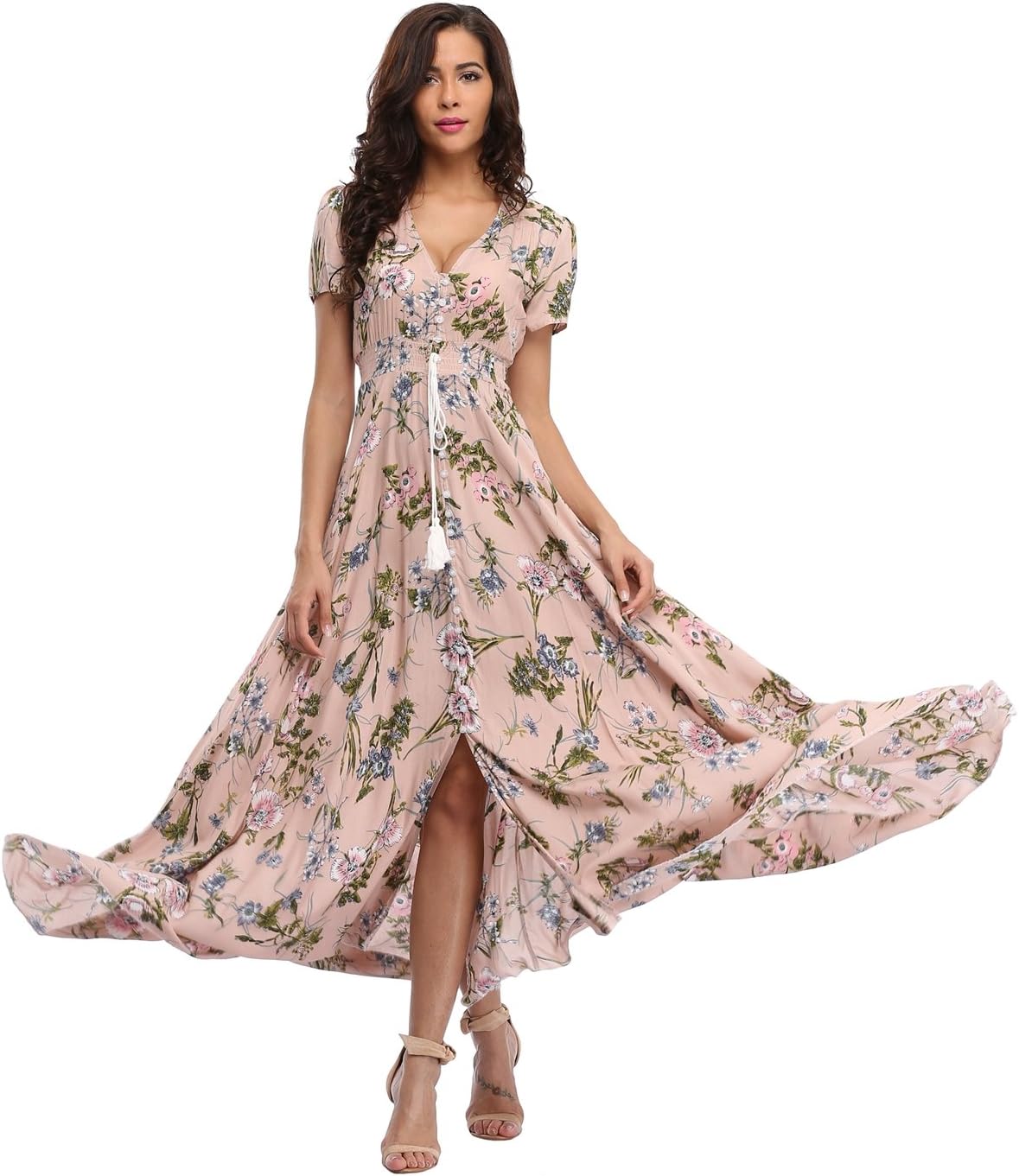 Women's Floral Maxi Dress Button Up Split Flowy Bohemian Party Beach Dresses