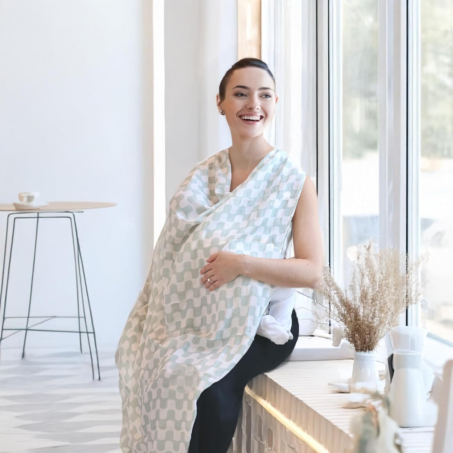 Muslin Swaddle Blankets - Set of 2 Gender Neutral Patterns- Large 47"x47",Organic Cotton & Viscose from Bamboo, Extra Soft Newborn Swaddles, Baby Shower for Boys & Girls (Green Waves & Smileys)