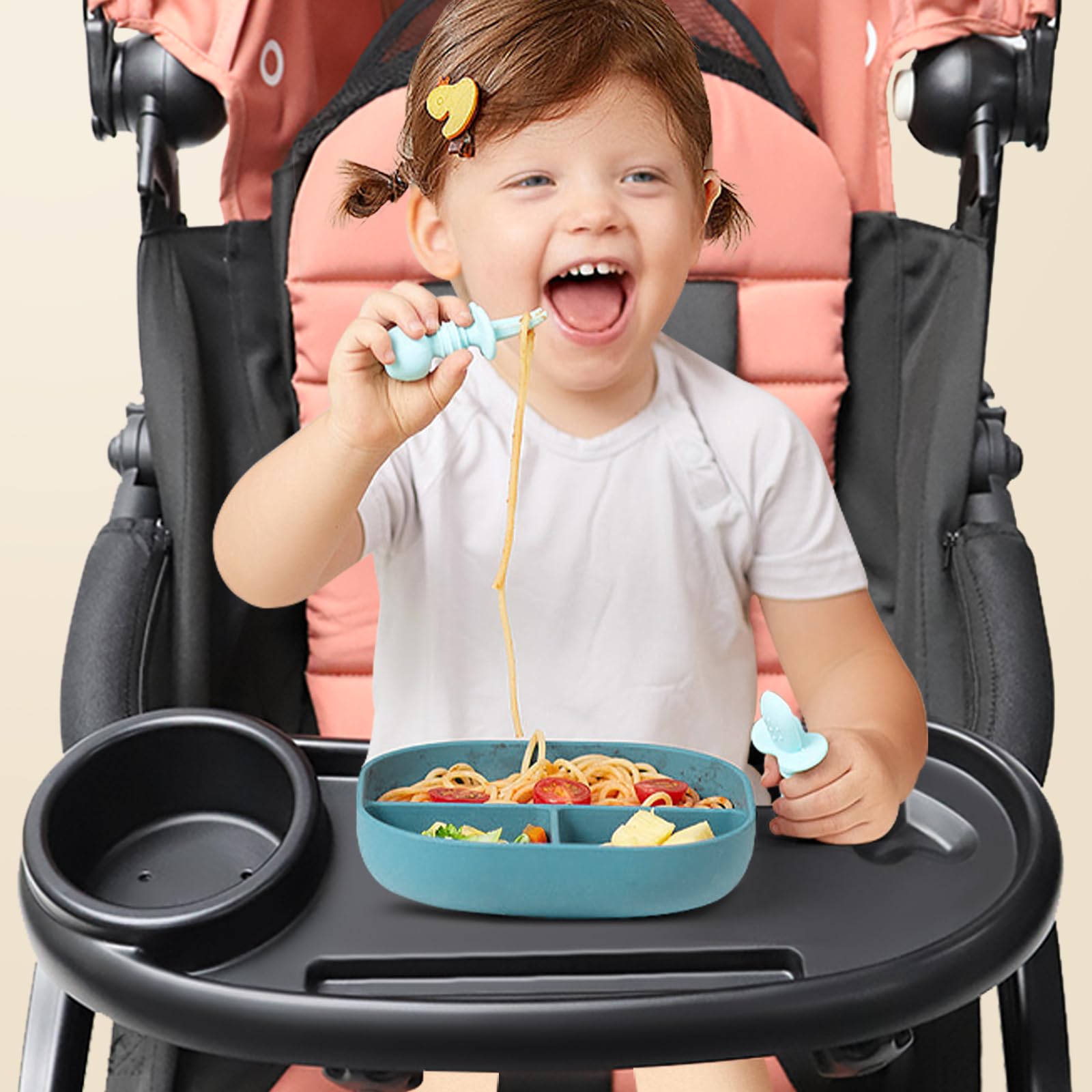 Vassoio per Passeggino Universale 3 in 1, Porta Biberon per Passeggino con Vassoio Snack, Porta Cellulare Passeggino Girevole a 360 Gradi, Organizer Passeggino Adatto a Attività All'Aperto