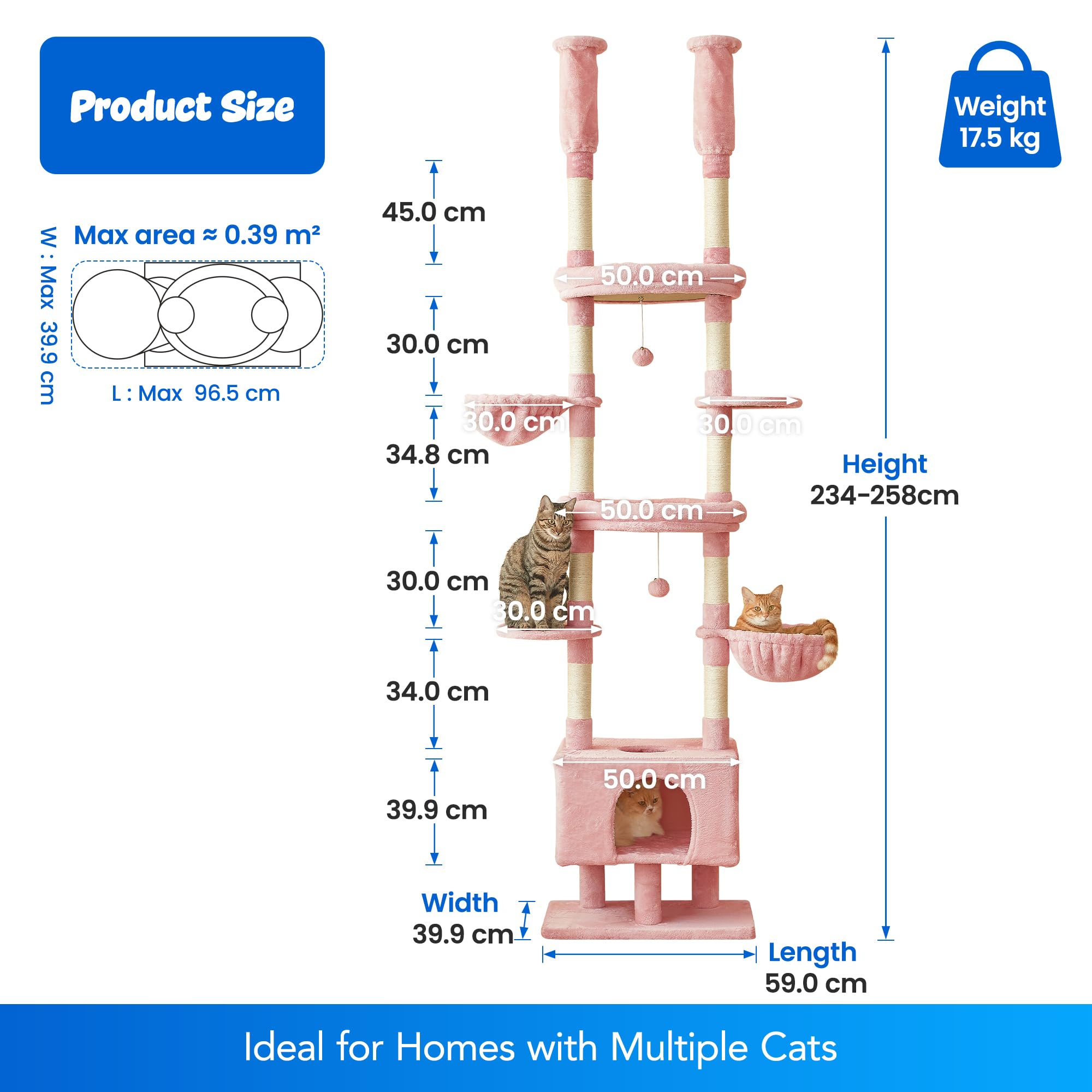Árbol rascador para gatos rosa con altura ajustable de 235 – 258 cm, 7 pisos, escalador y casa de juegos con columna rascadora, cómoda cesta para dormir y hamacas para gatos de apartamento