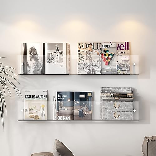 Miniatura 2 de QQXX Estantes flotantes de acrílico transparente, 2 paquetes, soporte para folletos de acrílico transparente, estante para revistas, estantería de
