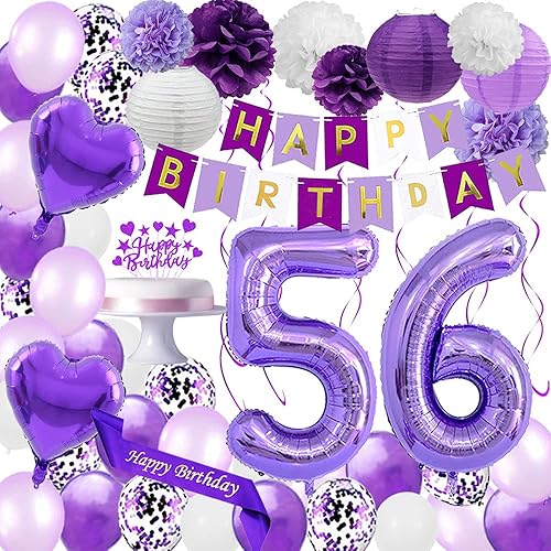 Juego de decoraciones moradas de cumpleaños número 56: pancarta de feliz cumpleaños, banda, decoración de pastel, número 56, confeti, globos de