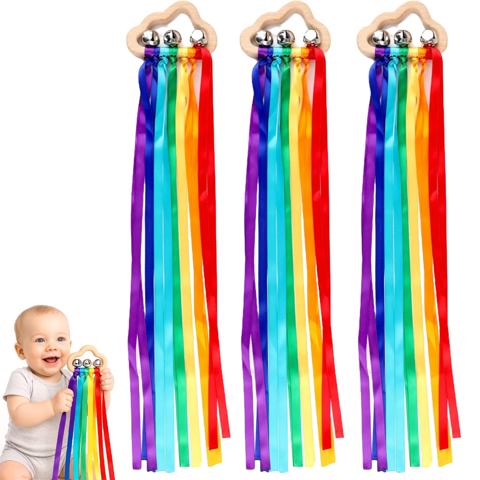 3 PCS Baby Rattle, Wooden Ribbon Baby Rattle, Sensory Toy, Wooden Baby Toys, Sensory Wooden Ring Baby Toys - Babies Rainbow Ribbon Rattle Toy Educational Toddler Play Toy with Bells
