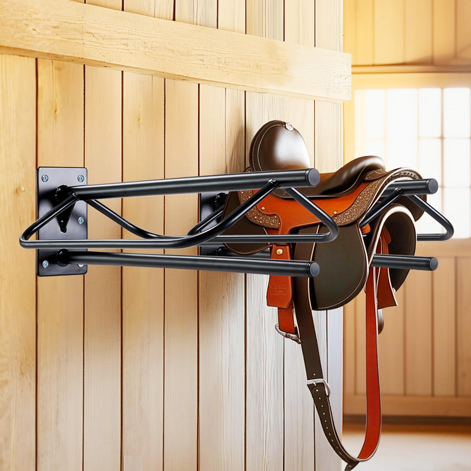 VEVOR 2 PCS Soporte para Sillín con Barra de Protección 60,45 x 32,00 x 25,91cm Soporte de Pared para Sillín de Caballo Resistente Soporte para Sillín Occidental e Inglés para Cuartos de Aperos, Negro