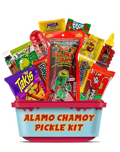 Alamo Chamoy Pickle Kit, mezcla de dulces mexicanos que hace la famosa tendencia de TikTok, (13 piezas) incluye pepinillo de eneldo Alamo original,