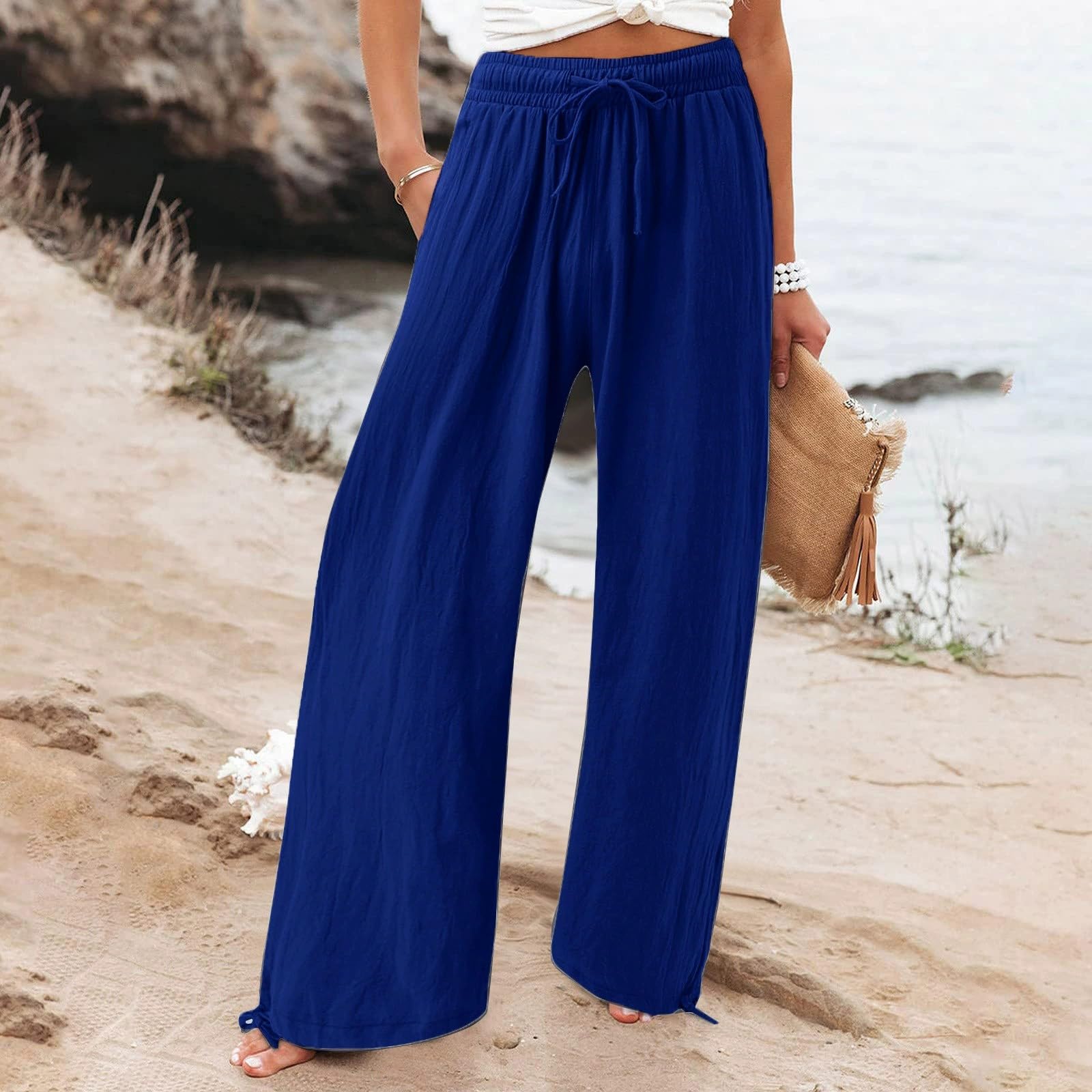 Womens Cotton Linen Palazzo Pants Wide Leg Drawstring Waist Casual Trousers Pockets Summer Beach Vacation Baggy Pant Blue XXXXXL