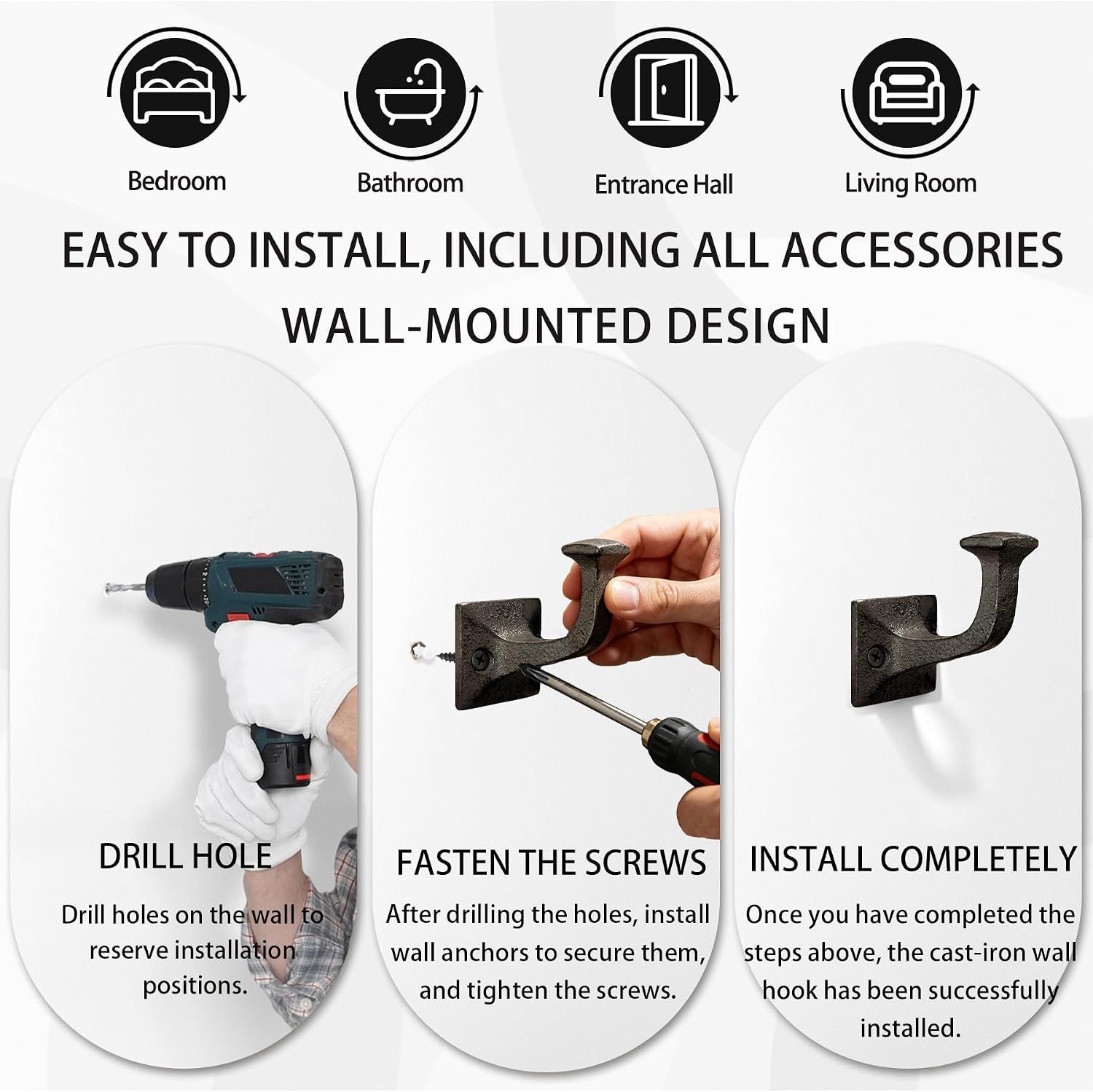 3 Pack Cast Iron Wall Hooks for Hanging Heavy Duty, Coat Hooks Wall Mounted