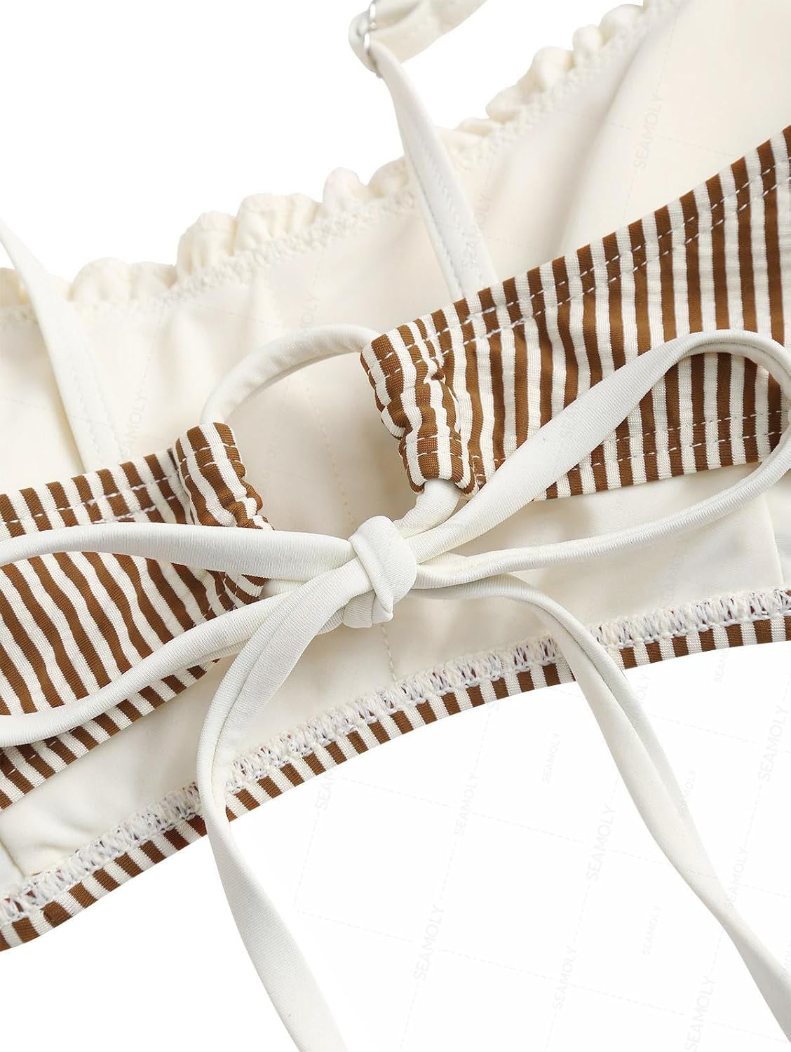 seamoly Gingham Spliced Ruched Ruffles Trim Bowknot Decor Tie Side Bikini Set - Image 4