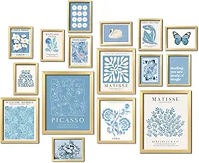 ANERZA 16 peças de decoração de parede azul, impressões de parede da galeria Matisse para quarto, pôsteres azuis claros para estética de quarto, kit de colagem para sala de estar, arte de casa para
