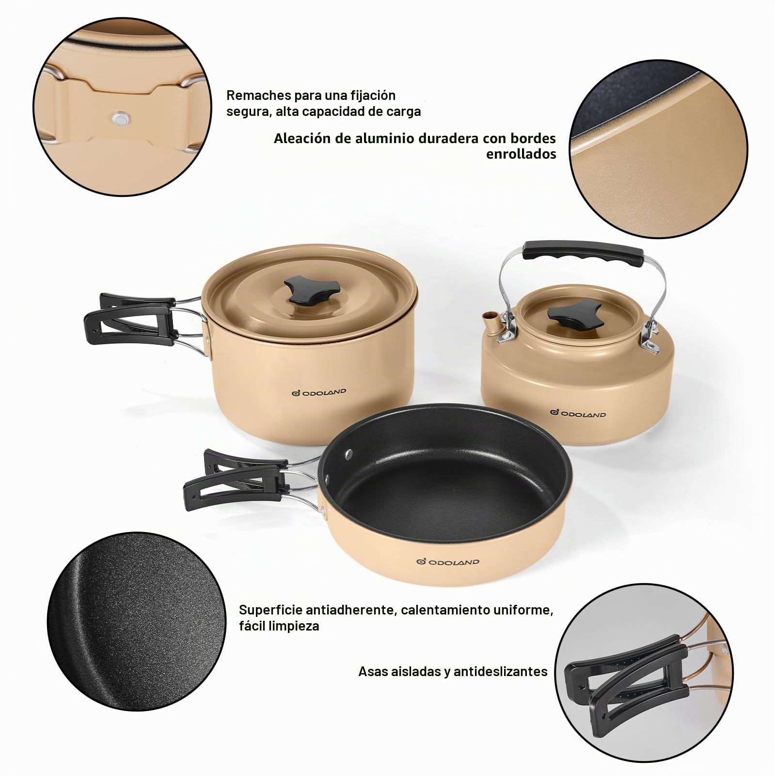Odoland Juego de utensilios de cocina de camping para 2 personas, sartén + olla de cocción, hervidor de agua 0,8 L, 2 cubiertos de acero inoxidable