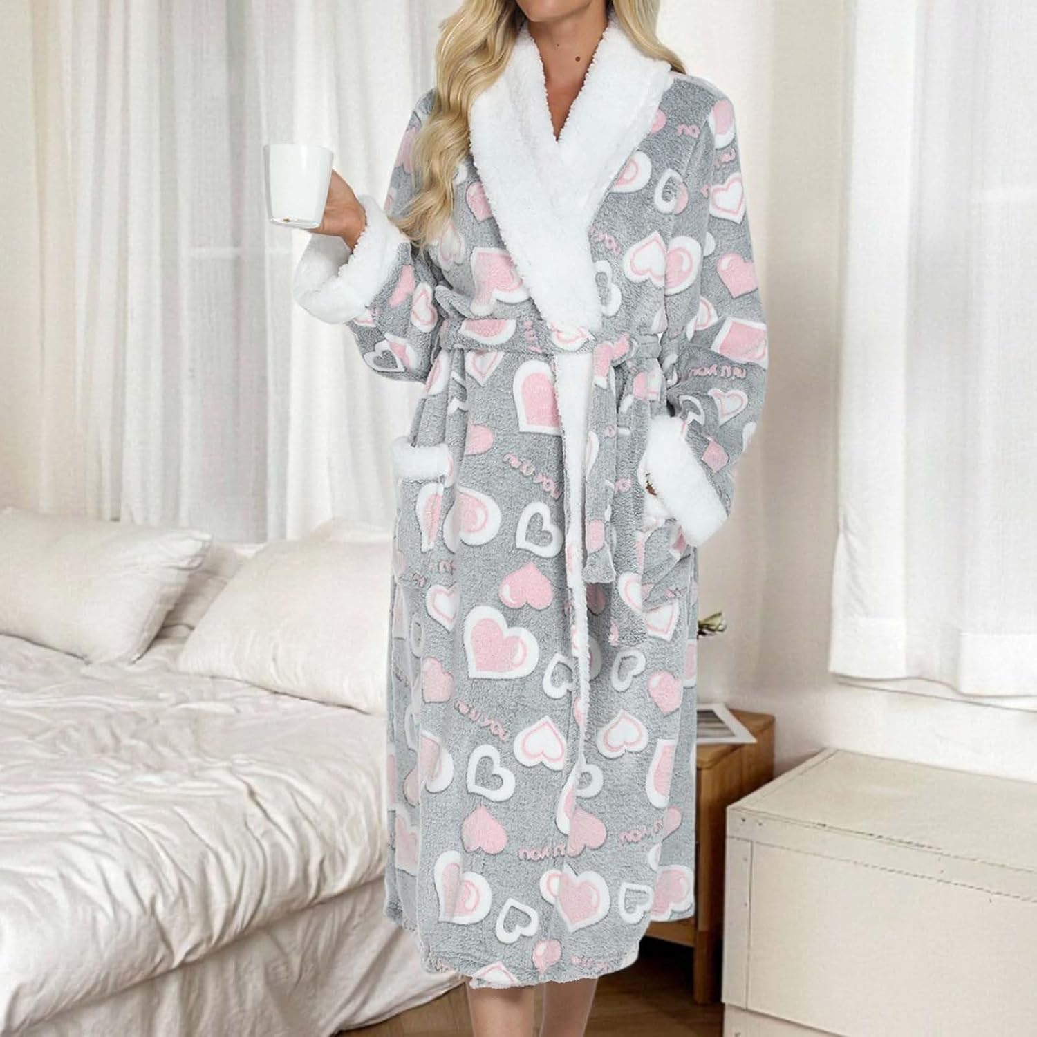 Oplxuo Women's Fuzzy Fleece Long Robe Heart Print Plush Bathrobe Warm Thick Fluffy Loungewear Maxi Robes with Pockets